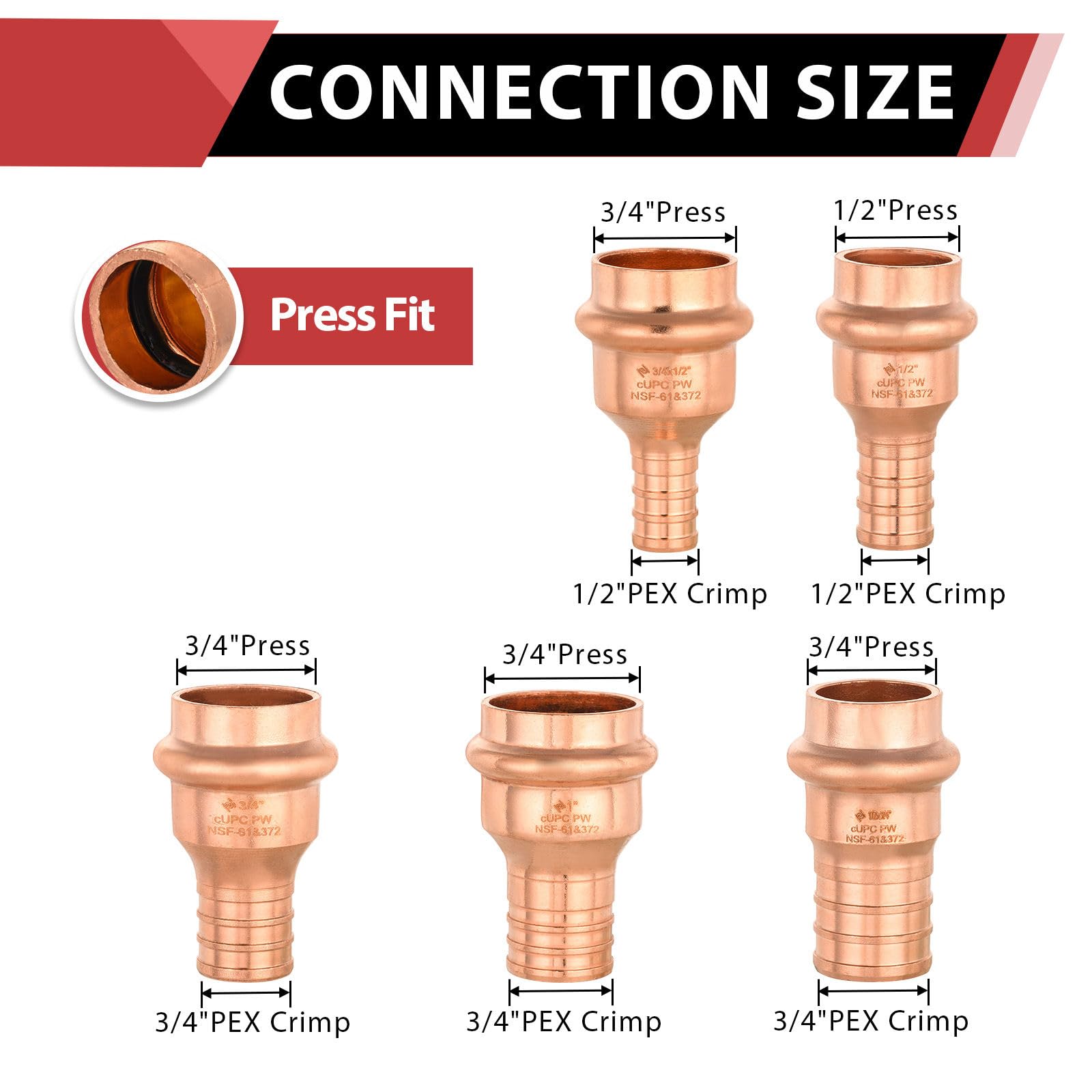 EFIELD Lot de 10 raccords en cuivre 1/2" Presse X 1/2" PEX pour raccord de tuyau en cuivre et Pex Design LBP (PRESS012)