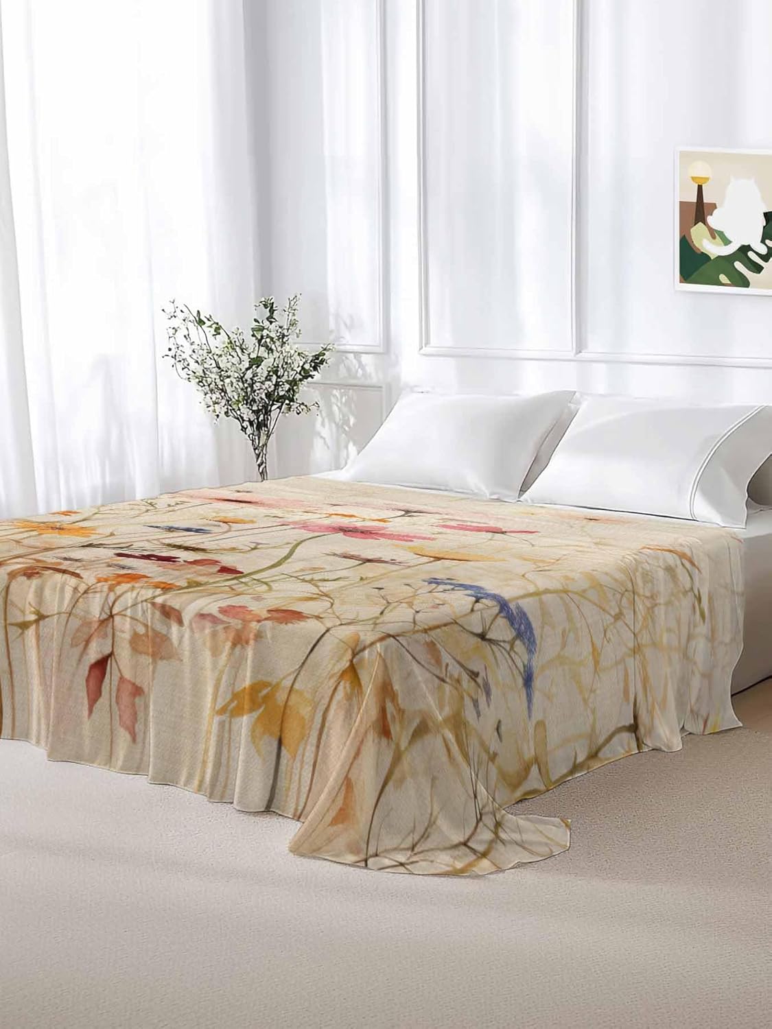Queen Size Flat Bed Sheet,Botanical Flower Microfiber Brushed Single Flat Sheet Only,Retro Colored Spring Floral Herb Soft & Breathable Top Sheet Lightweight Quilt Hotel Luxury Bedding for Women Men