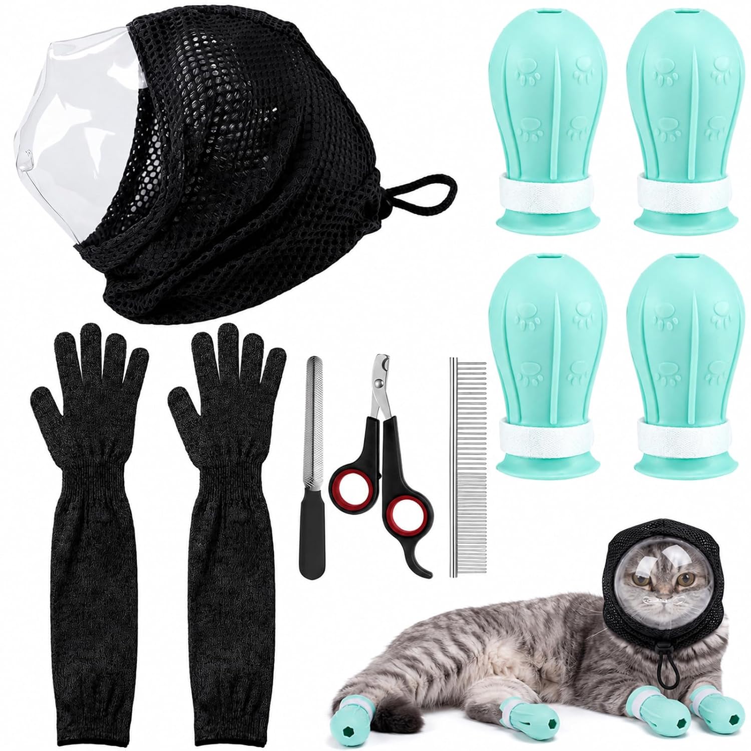10 Pcs Cat Grooming Kit Include Adjustable Cat Muzzle, Paw Covers Boots, Scratch-resistant Gloves, Nail Clipper & Comb for Pet Bathing Shaving Nail Trimming (Drawstring Style,Black)