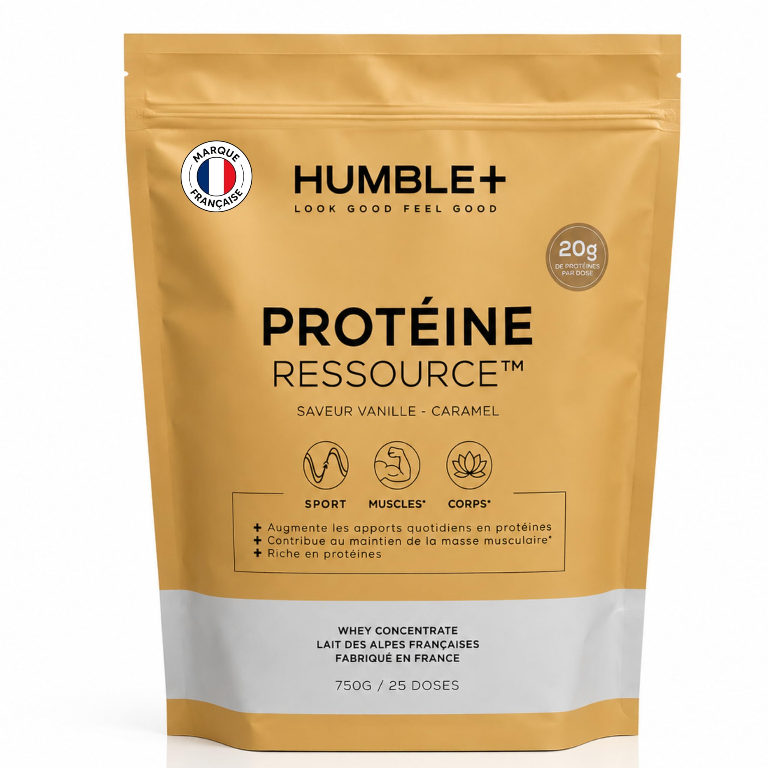 HUMBLE+ Protéine Ressource Whey Vanille-Caramel 750 g - France - 25 Doses | Concentré de Lactosérum du Lait des Alpes - Arômes Naturels, Onctueux, Riche en Apport - pour le Sport - Marque Française