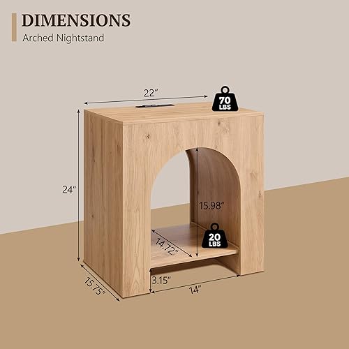 Miniatura 2 de Juego de 2 mesas auxiliares arqueadas con estación de carga tipo C, moderna mesita de noche de dormitorio de 22 pulgadas con estante arqueado, mesa