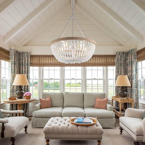 Miniatura 8 de tewei Lámpara de techo con cuentas de madera, estilo bohemio, con base E26, montaje semiempotrado (blanco lechoso)