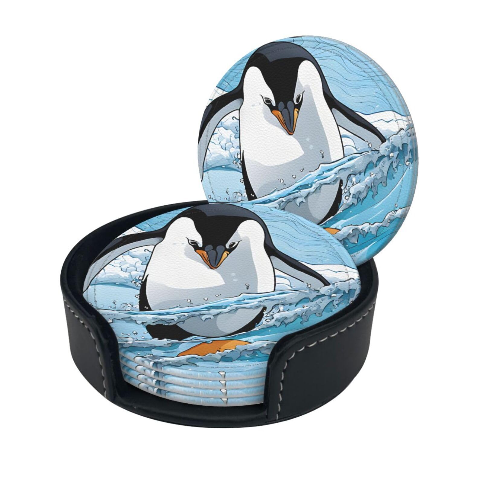 Cute Penguins Baby Taking Pictures Print Coaster,Round Leather Coasters with Storage Box for Wine Mugs,Cold Drinks and Cups Tabletop Protection (6 Piece)