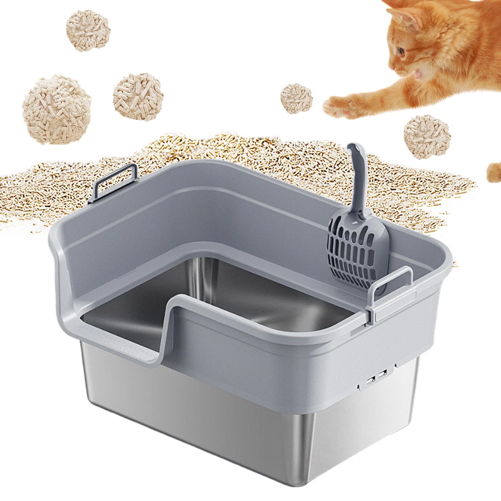 Arenero Semicerrado con Pala, Fabricado en Acero Inoxidable Y PP, con Bordes para Evitar Derrames, Apto para Gatos de Interior.