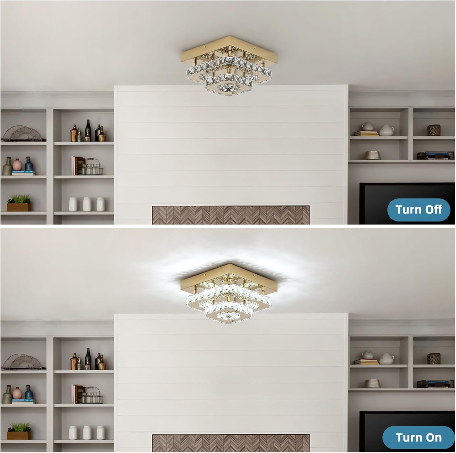 Small Square Crystal Chandelier Flush Mount Ceiling Light, 9.8” Surface Mount LED Fixture with Built-in Light, Gold Modern Ceiling Light for Bedroom, Hallway, Living Room 6000K