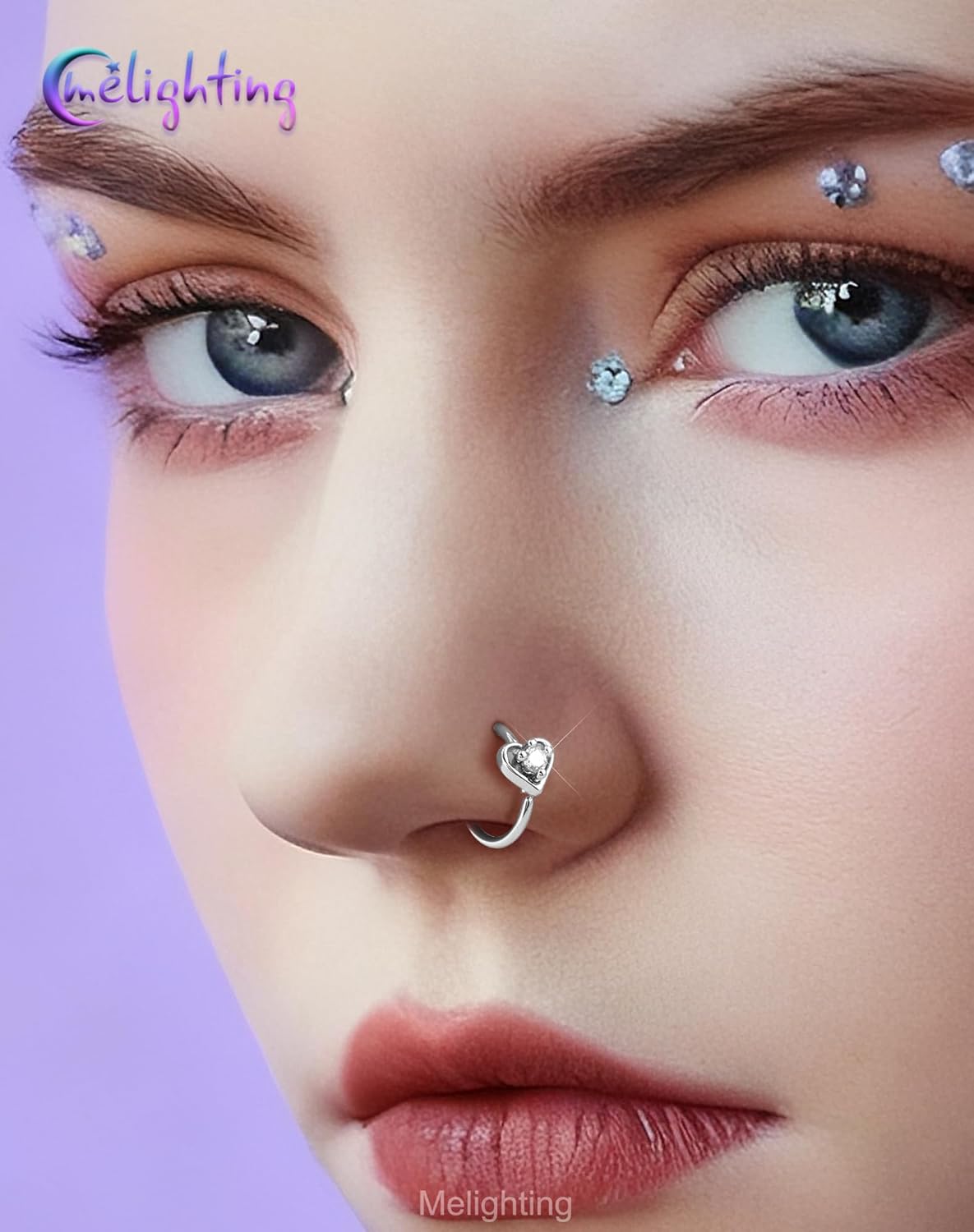 Melighting 20G Nose Rings Hoops Set, 316L Stainless Steel Seamless Open Nose Ring, Heart& Star Cartilage Piercing Clear CZ Helix Earrings Nose Septum Labret Piercing for Women 8 mm - Image 3