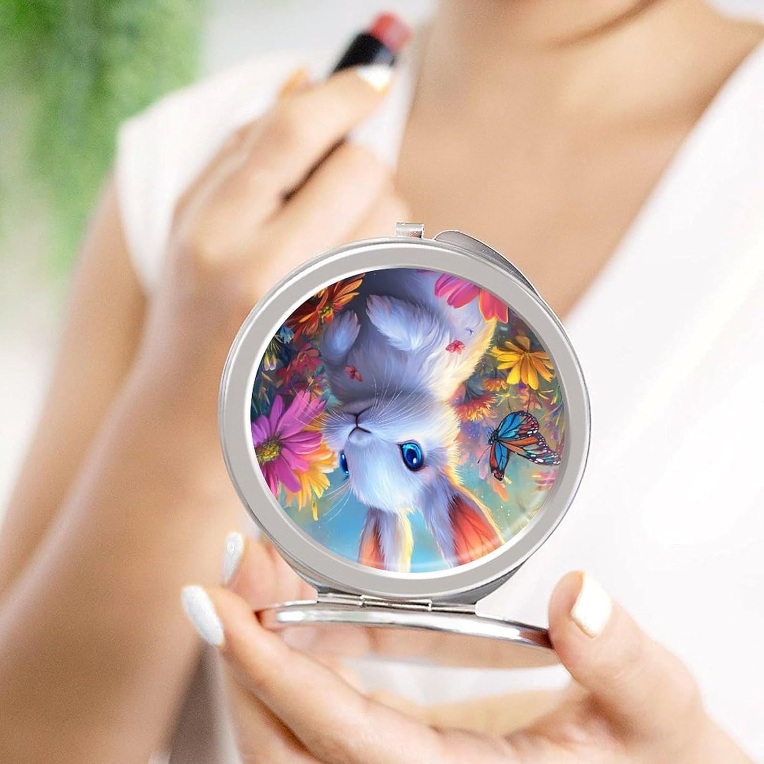 Cute Bunny Flowers Compact Makeup Mirror Mini Foldable Cosmetic Mirror Portable Travel Mirror for Purse Pocket