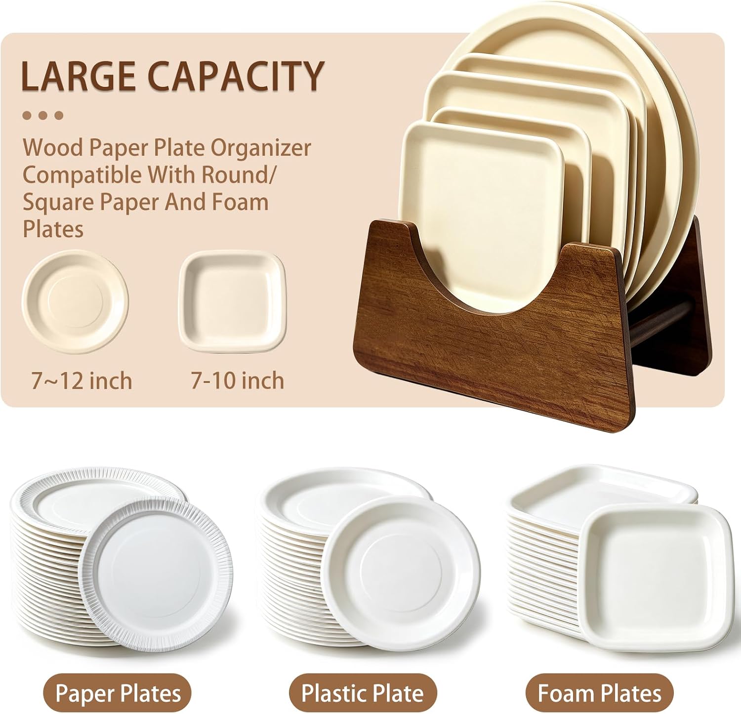 Paper Plate Holder, Acacia Wood Storage Organizer for 7-10 inch Plates