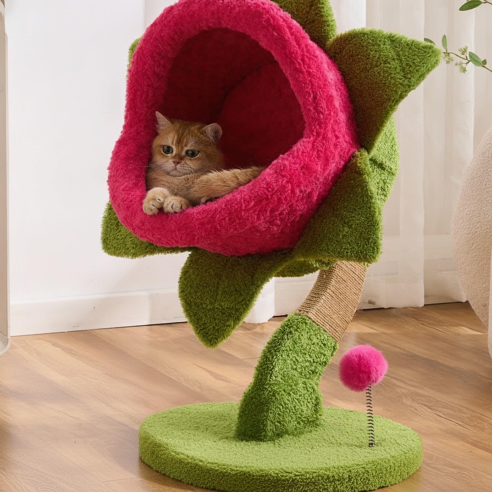 Bequem Kratzbaum mit Höhle | Plüschig, kratzbaum mit katzenhöhle, platzsparend, katzenspielbaum Spielzeug, für Wohnzimmer, Wohnung, Katzen, Rosenrot