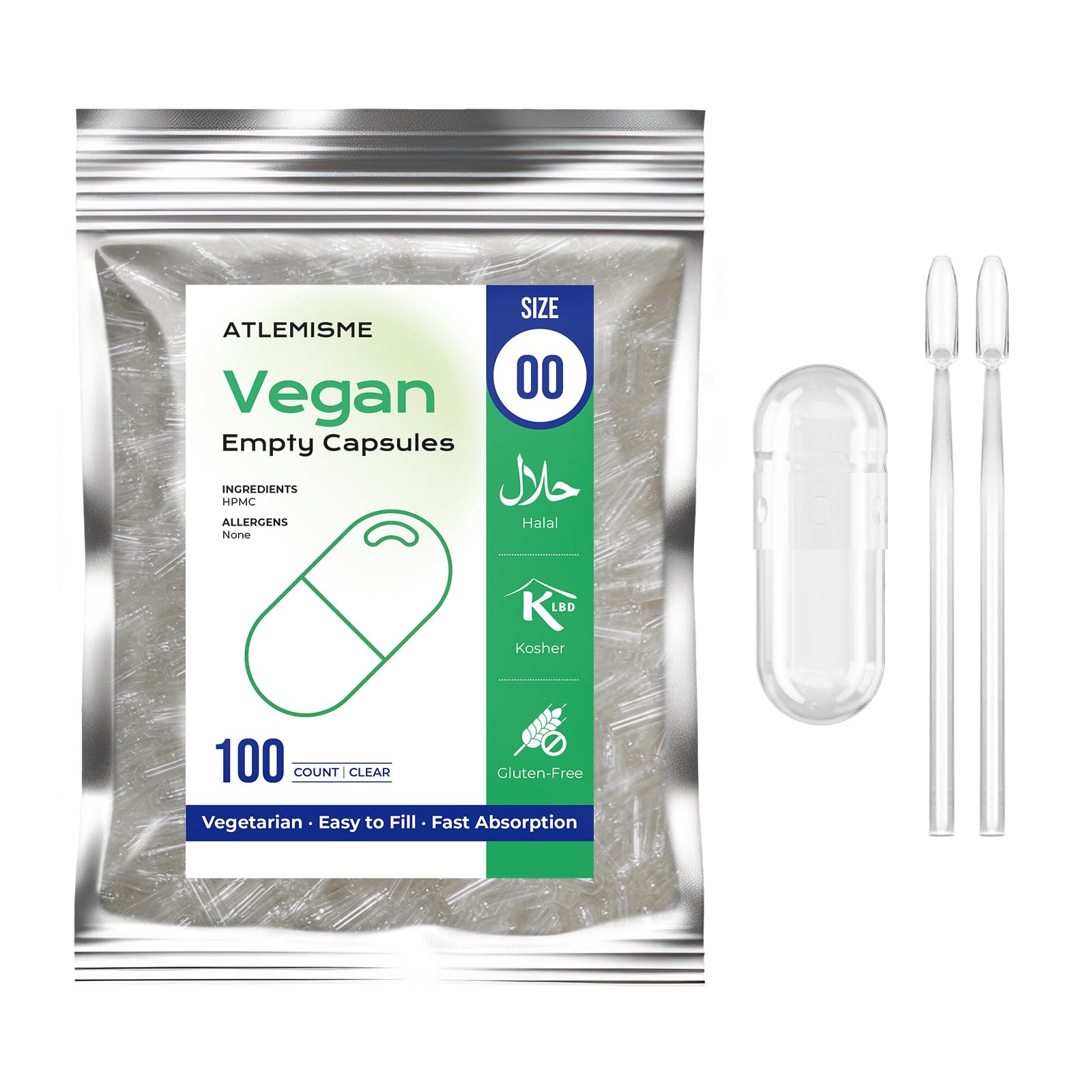 Empty Capsules Size 00 100 Count,Clear Empty Vegan Capsules Kosher,Halal and Non GMO Certified for DIY Supplements.Hypoallergenic Veggie Capsules Empty with 2 Spoons,Adapted to The Capsule Filler
