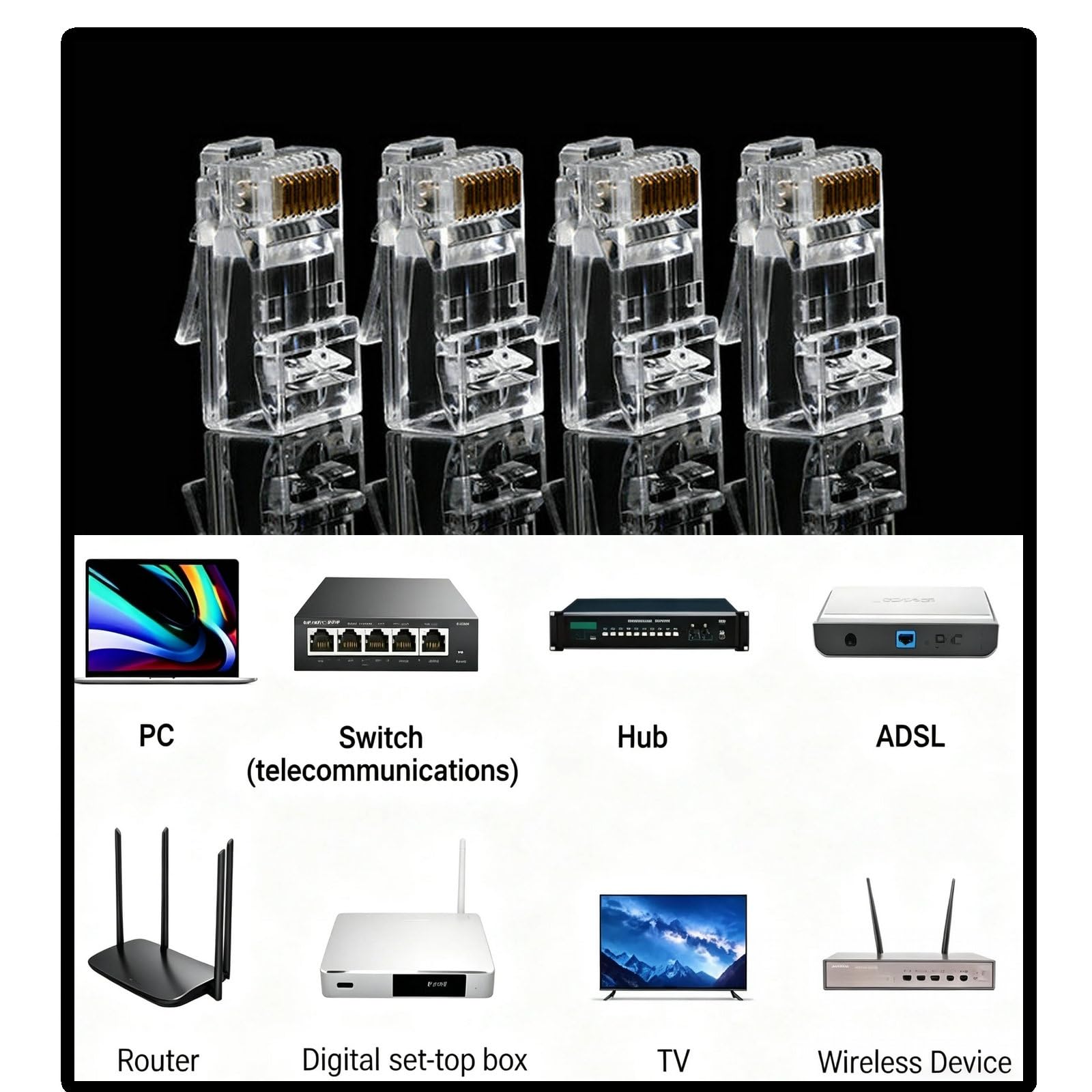1000 connettori RJ45 Cat 6, connettori RJ45 placcati oro, connettori Cat6, connettori modulari RJ45, connettori Ethernet, connettori di rete per cavo Ethernet 8P8C UTP solido o incagliato, confezione