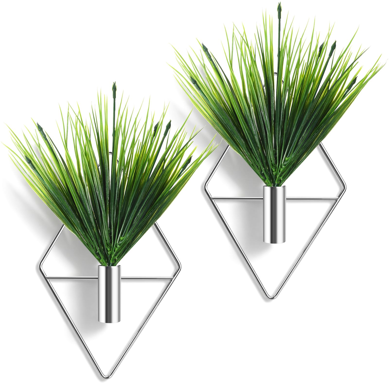 Canlierr 4 Pieces Silver Wall Decor Hanging Planters with Artificial Plants Metal Vase Indoor Aquatic Plant Holder Modern Geometric Wall Art for Home Bathroom Bedroom Living Room Office