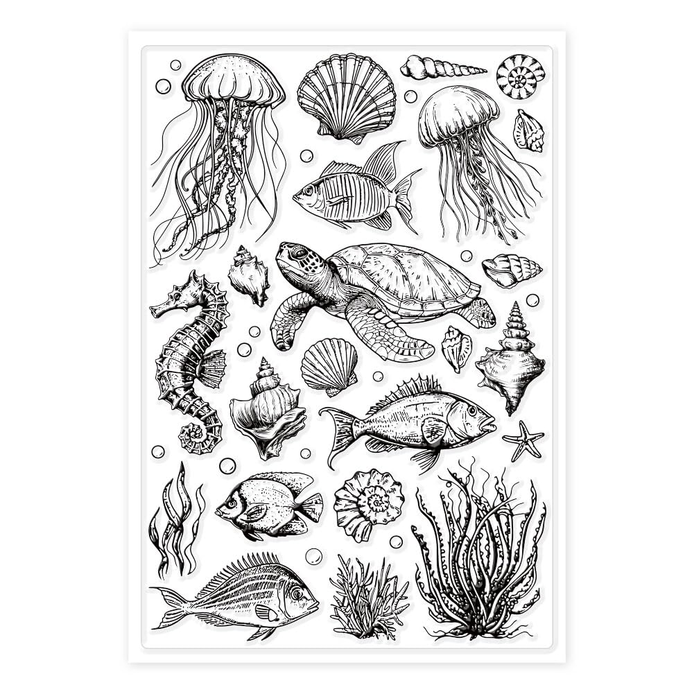 GLOBLELAND Sellos de goma transparentes con fondo de vida marina para álbumes de recortes, álbumes de fotos, tarjetas decorativas, decoración del hogar, 16 x 11 cm