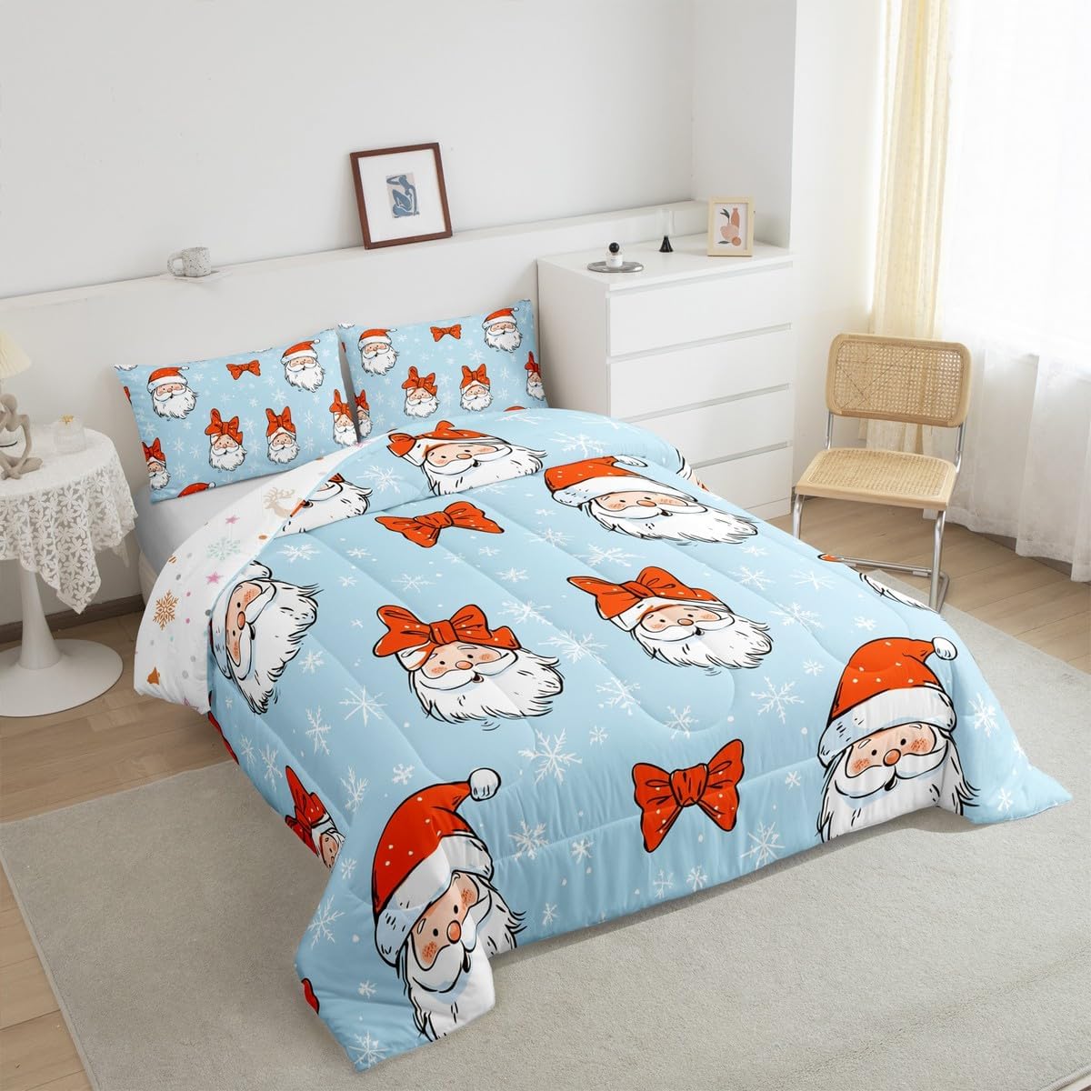 Feelyou Santa Claus Bedding Set Twin Size Kids Merry Christmas Comforter Set for Boys Girls Snowflake Blue Duvet Quilt Soft Breathable Lightweight Microfiber Room Decor,with 1 Pillow Case