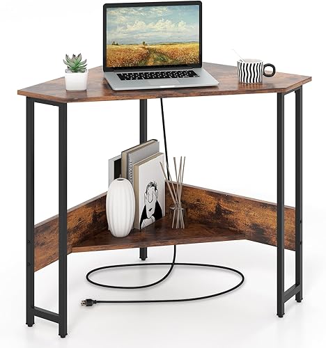 IFANNY Escritorio de esquina industrial, escritorio de esquina para computadora con toma de corriente, estantes de almacenamiento y marco de metal,
