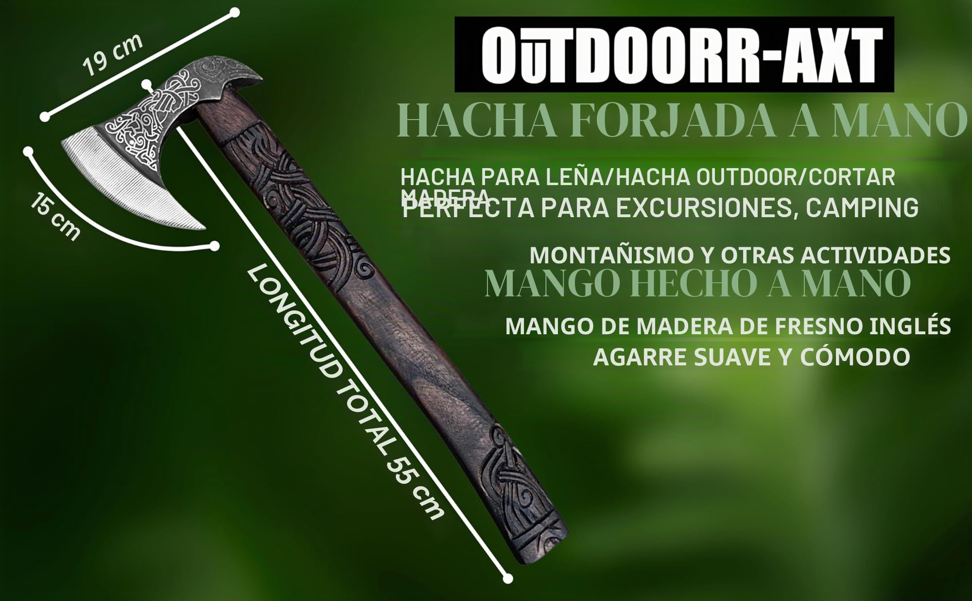Novahaven Raven Fang – Hacha vikinga de lujo forjada a mano de acero al carbono y madera de fresno | Arte nórdico grabado | Hacha exclusiva para coleccionistas y al aire libre