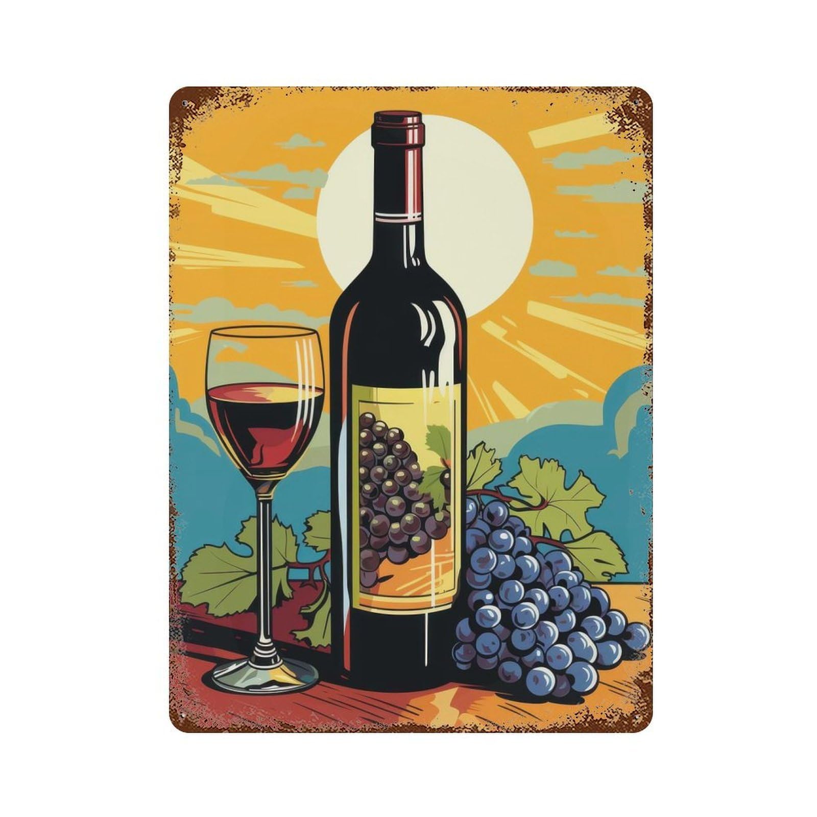 Wine Bottle And Grapes 15.7"x11.8" Vintage Rust Metal Sign, Classic Wall Plaque for Pub, Kitchen And Man Cave Decor