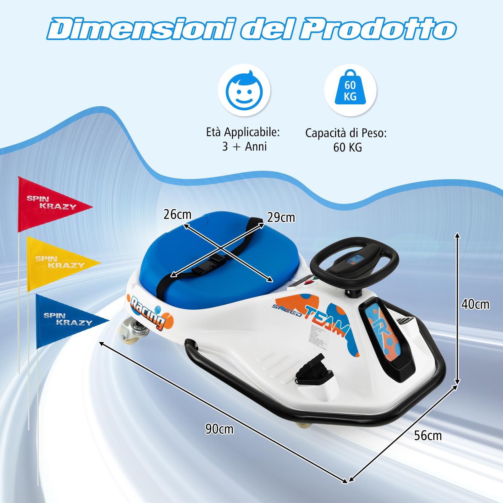 COSTWAY 24 V Go Kart per bambini, Auto Drift con Giro a 360°, con Connessione Wireless USB Radio Musica e 3 Bandierine, Avviso Lento, 9-15 km/h, per Bambini 3+ Anni