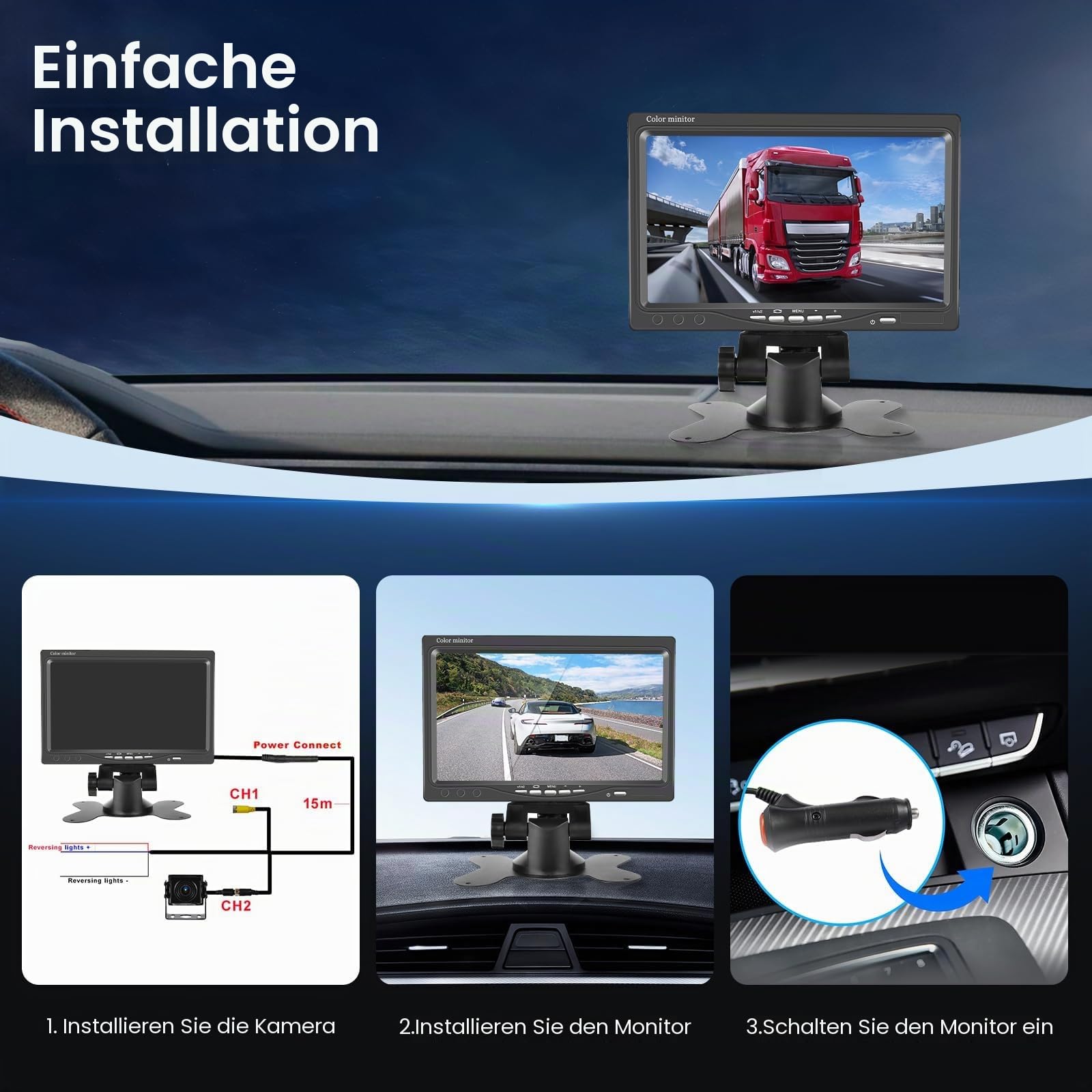 Rückfahrkamera mit 7 Zoll HD Monitor, Rückfahrkamera Auto unterstützt IP69 Wasserdicht IR Nachtsicht, Rückfahrkamera für LKW, Anhänger, Wohnwagen und Wohnmobil, 15M Kabel