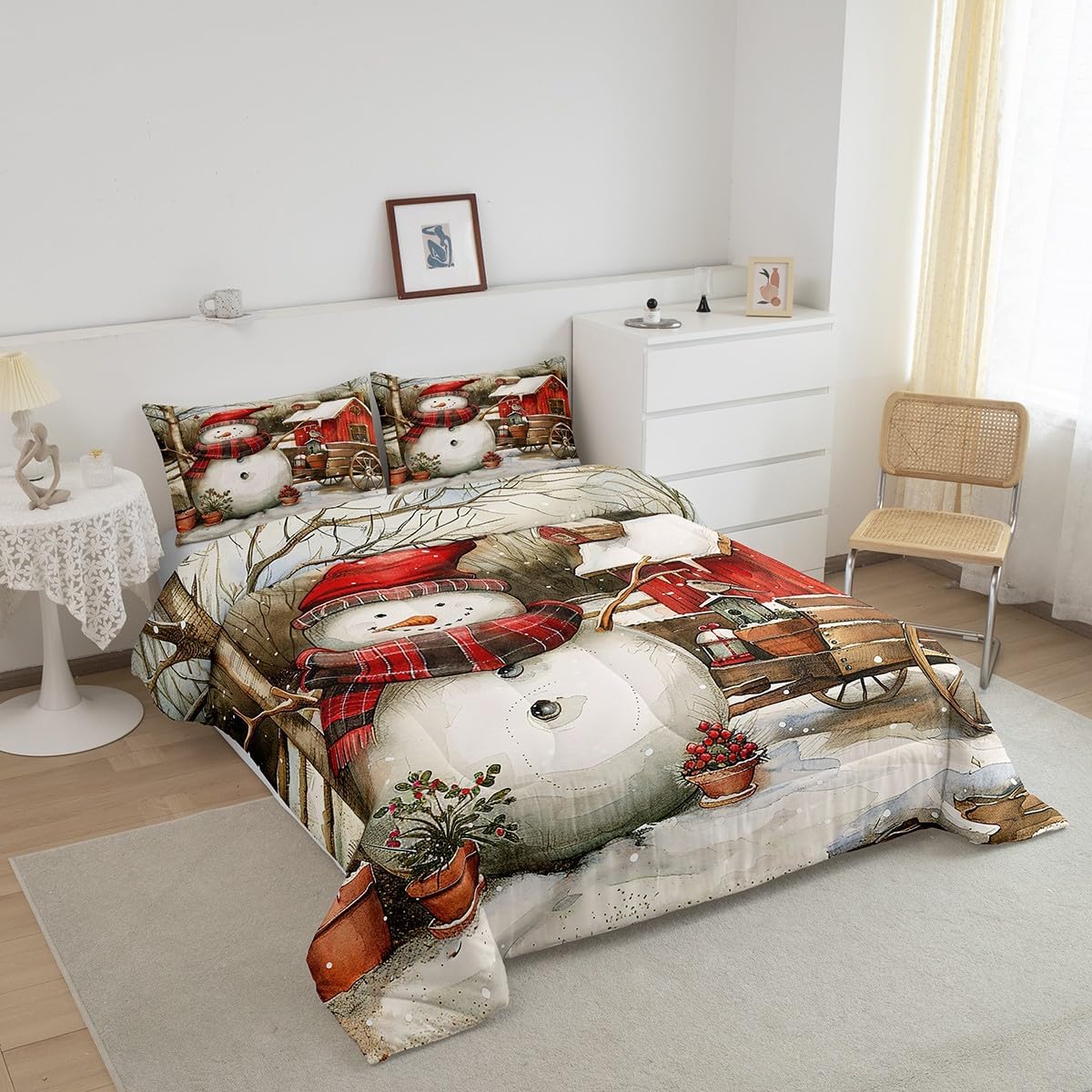 Watercolor Snowman Comforter Set Queen Size Rustic Wooden Farmhouse Cabin Bedding Set Bedroom Decor Christmas Quilt Set Comfortable Breathable Brown Jungle Trees Duvet Insert 3Pcs