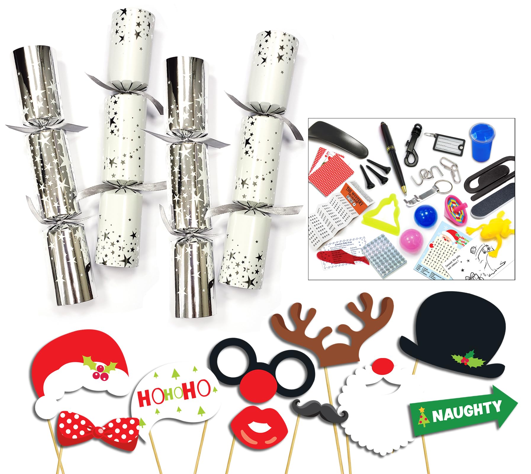 Diamond 50 x 12" Silver & White Stars Catering Christmas and New Year Party Crackers with Premium content + 50pcs of party photo booth props on sticks