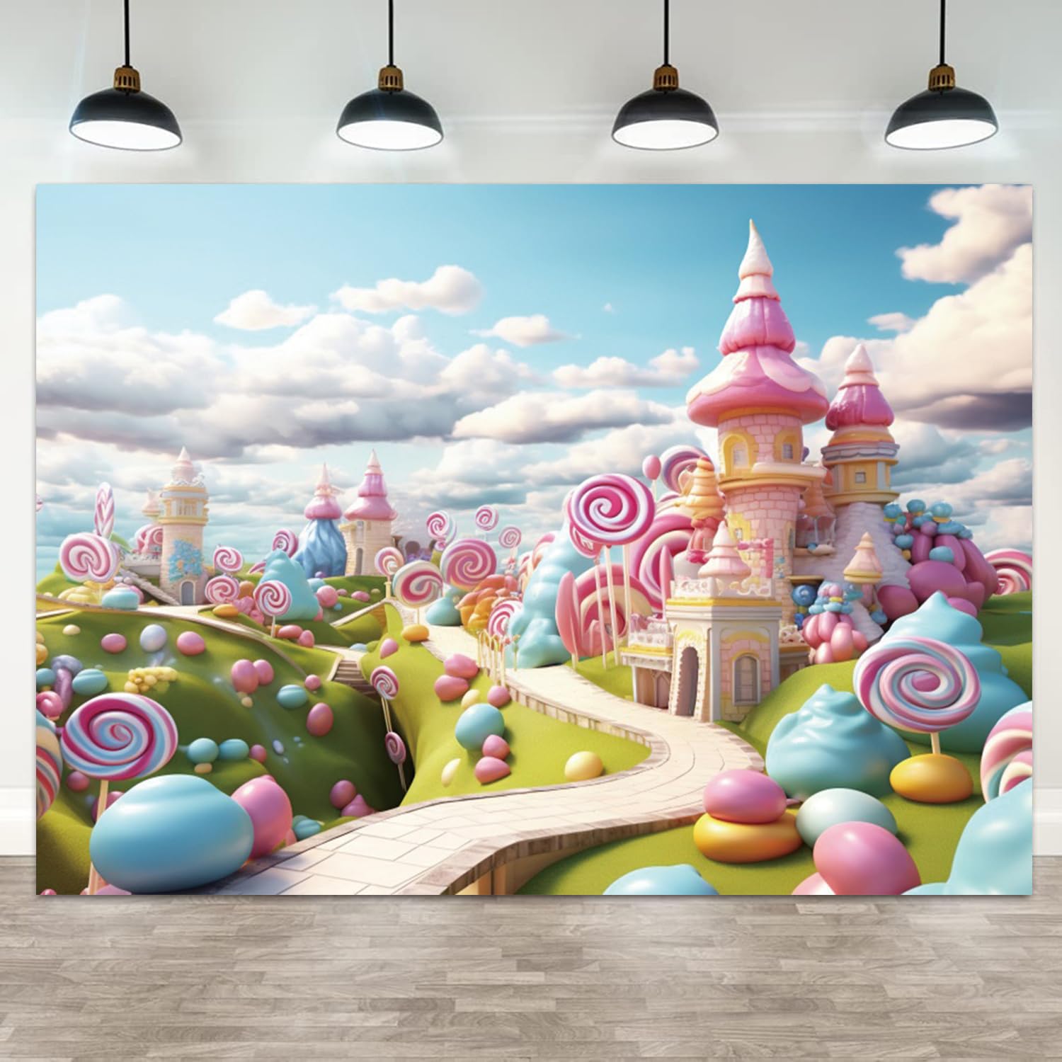 ASDCXZ 7x5ft Candyland Backdrop Fantasy Candy Castle Photography Background Sweet Lollipop Dream Blue Sky White Cloud Kids Birthday Banner Decorations Baby Shower Newborn Portrait Photo Booth Prop