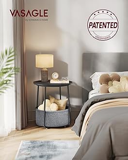 VASAGLE Small Round Side, Modern Fabric Basket, Bedside Table for Living Room, Bedroom, Particleboard, Steel, Polyester, Black Ebony + Slate Grey