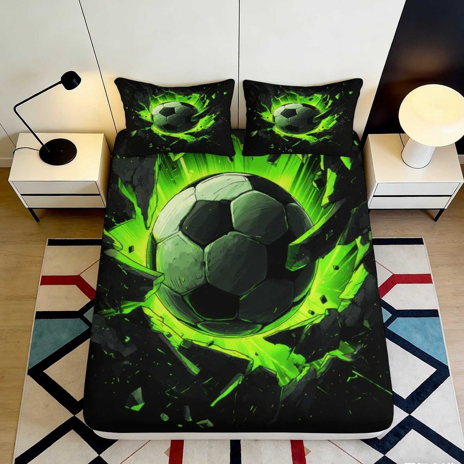 3D Printed Neon Soccer Fitted Sheet Microfiber Soft Breathable Football Explosion Mattress Cover for Bedroom Guest Room Decor 120x200x25cm