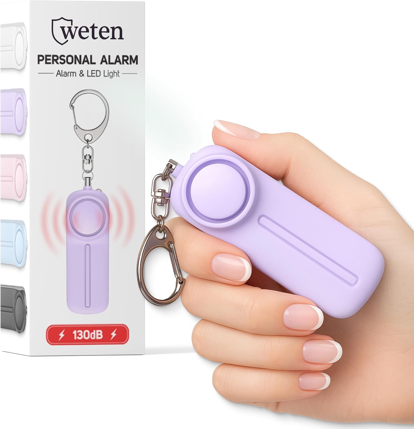 Weten Private Security Alarm Keychain – 130dB Siren, LED Gentle, Panic Pin – Compact Self-Protection System and Emergency Whistle Different for Girls, School, Journey, and Night time Stroll Safety (Purple)