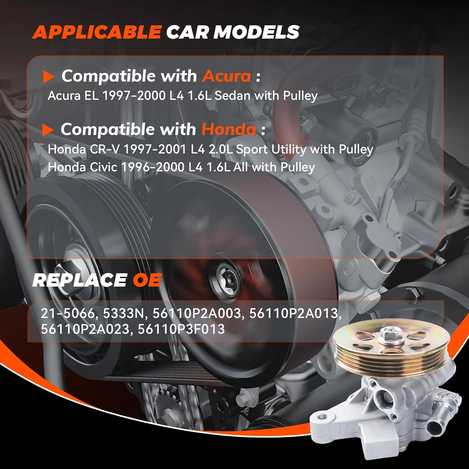 21-5066 Power Steering Pump with Pulley Compatible with Honda Civic L4 1.6L 1996 1997 1998 1999 2000, Honda CR-V L4 2.0L 1997 to 2001, Acura EL L4 1.6L 1997 to 2000 Replace # 56110P2A003