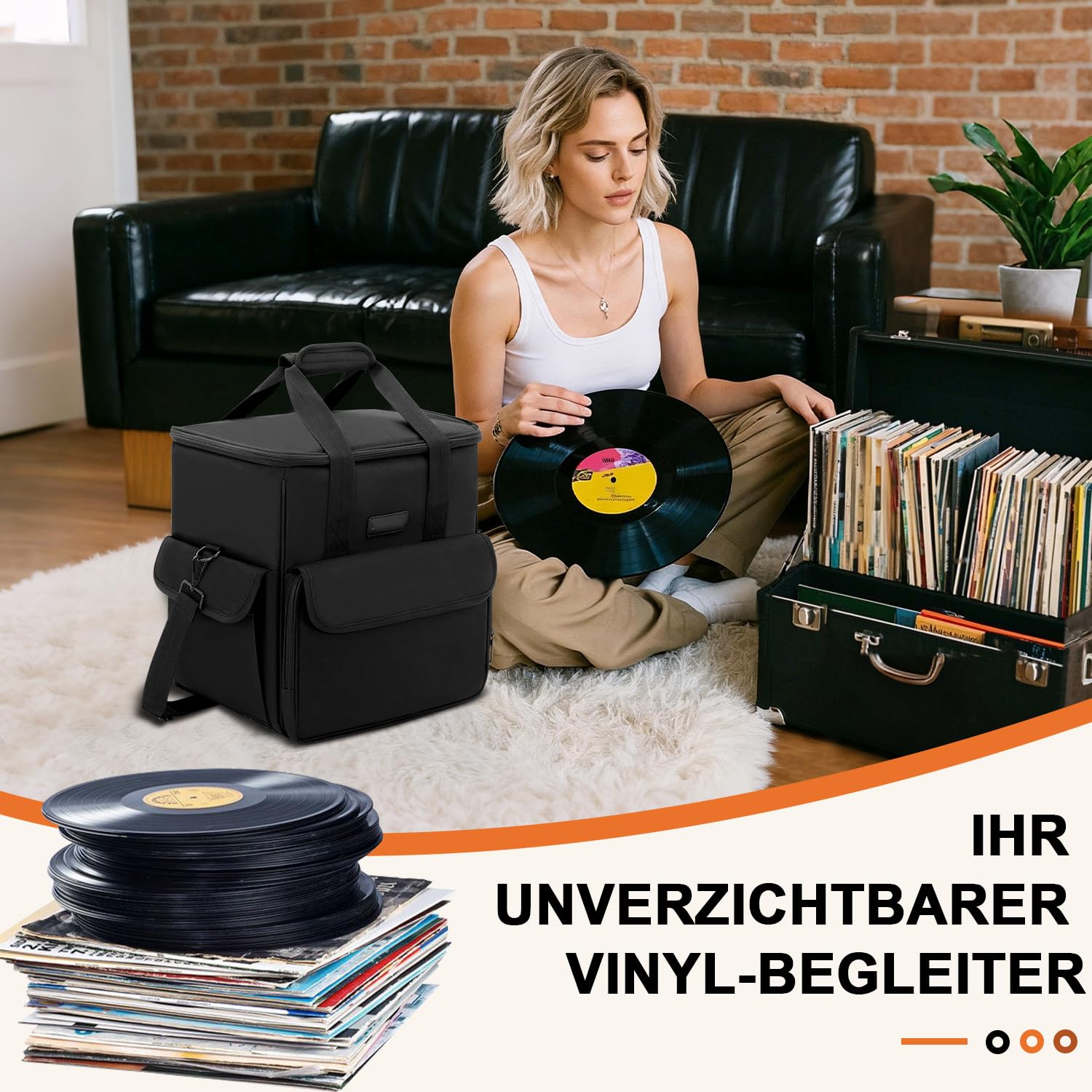 Vinyl Tragetasche für Schallplatten, LP Aufbewahrungstasche für 60 LPs (7/10/12 Zoll), Schallplattenkoffer mit Trennwänden, Wasserabweisend, Tragetasche für DJs & Sammler