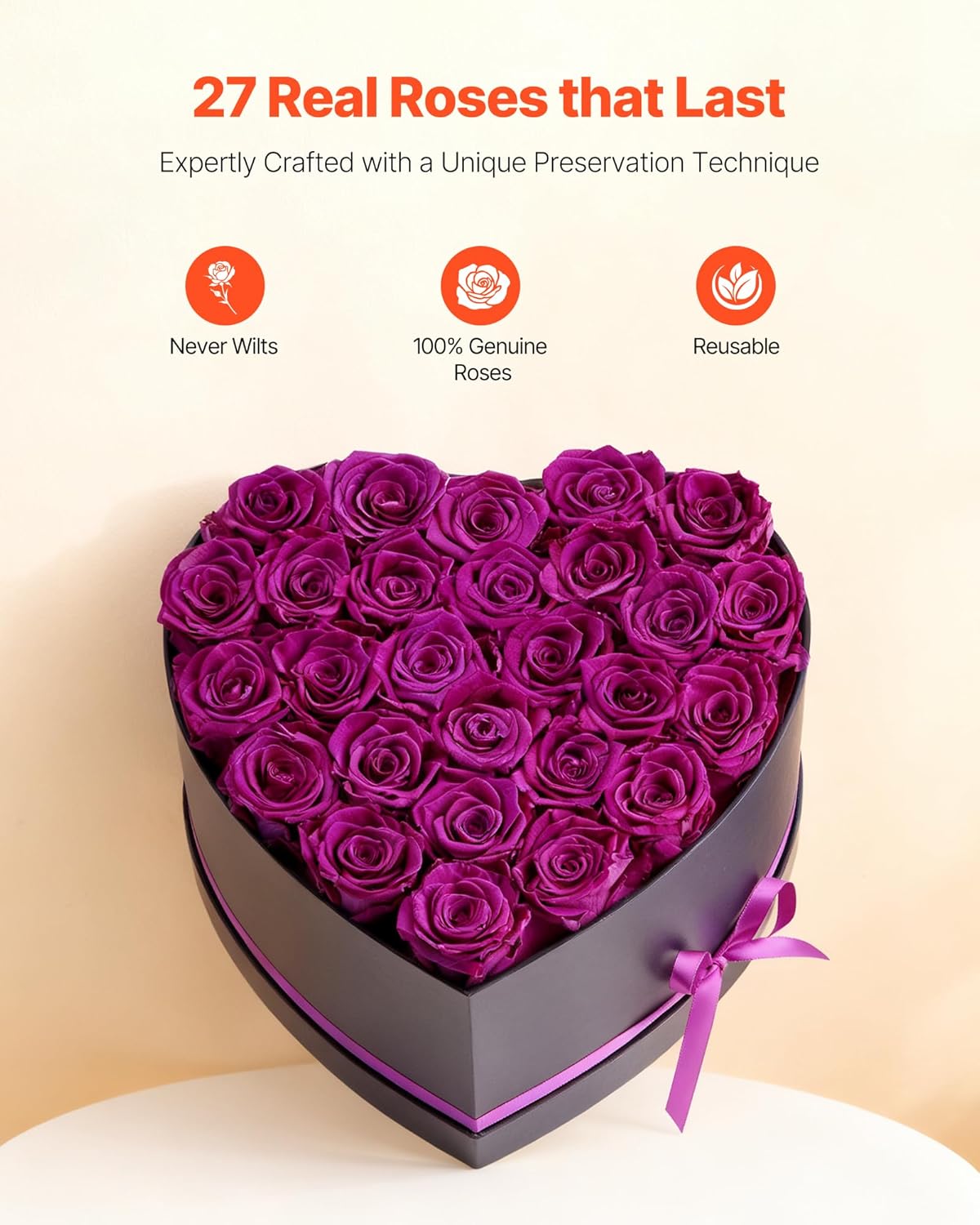 VEVOR Forever Flowers, 27 Preserved Roses in Heart Shape Box, Eternal Flowers Immortal Bouquet Birthday Present for Women Her Wife Mothers, Anniversary, Valentine's Day,Christmas, Purple - Image 2
