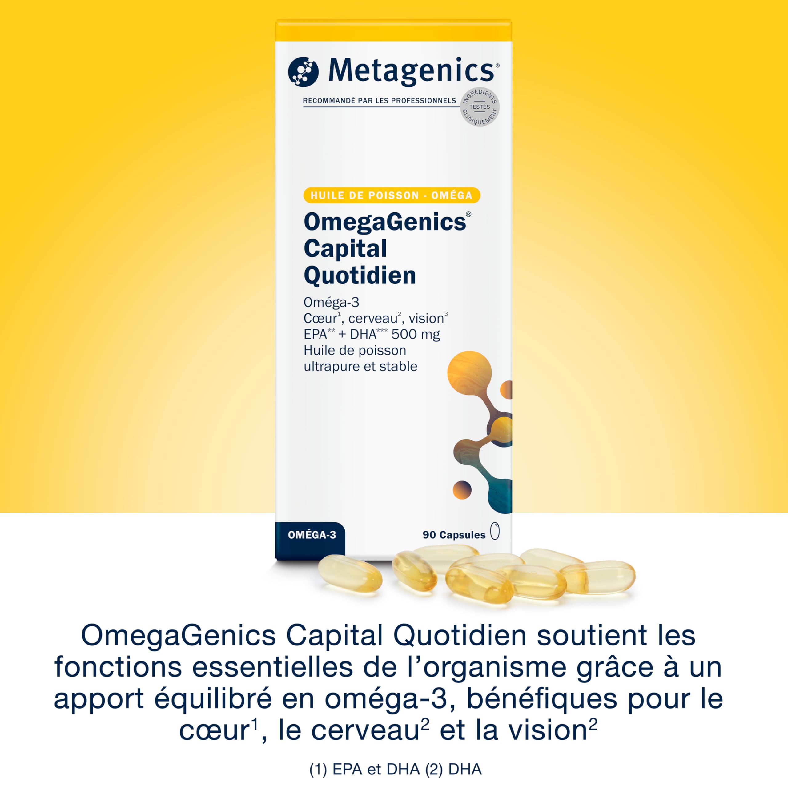 Metagenics OmegaGenics Capital Quotidien, Oméga 3 EPA DHA, 90 Gélules | Les oméga-3 EPA et DHA contribuent à une fonction cardiaque normale. Le DHA contribue au fonctionnement normal du cerveau.