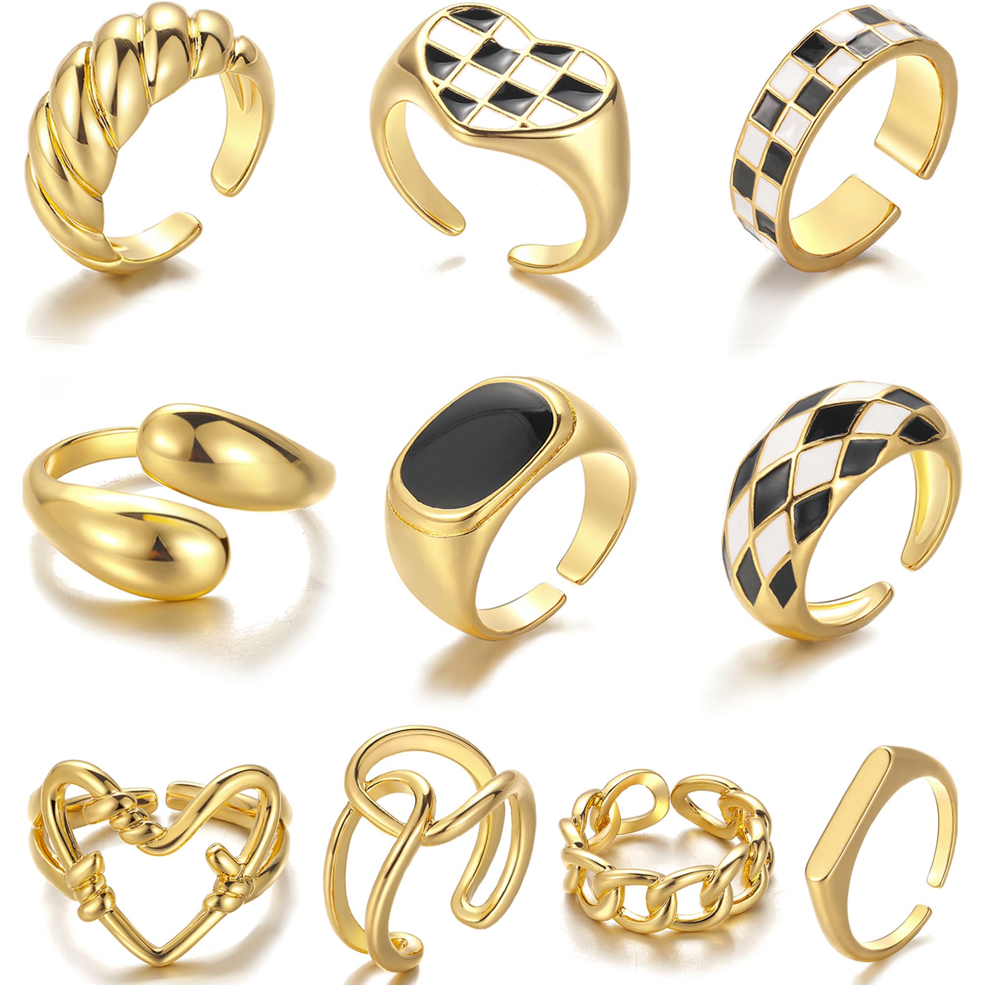 FAXHION 12PCS Gold Stackable Rings Set for Women, 18K Gold Plated Open Stacking Knuckle Ring, Adjustable Chunky Signet Band Statement Ring for Gift