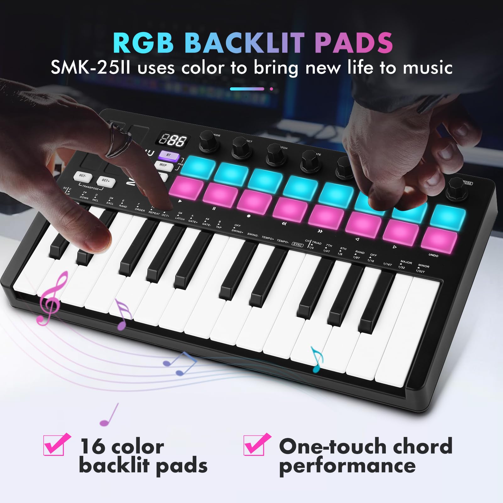 Tastiera Musicale, tastiera MIDI migliorata, tastiera arranger portatile ricaricabile, tastiera RGB pad, SMK-25II, nero e bianco, batteria integrata