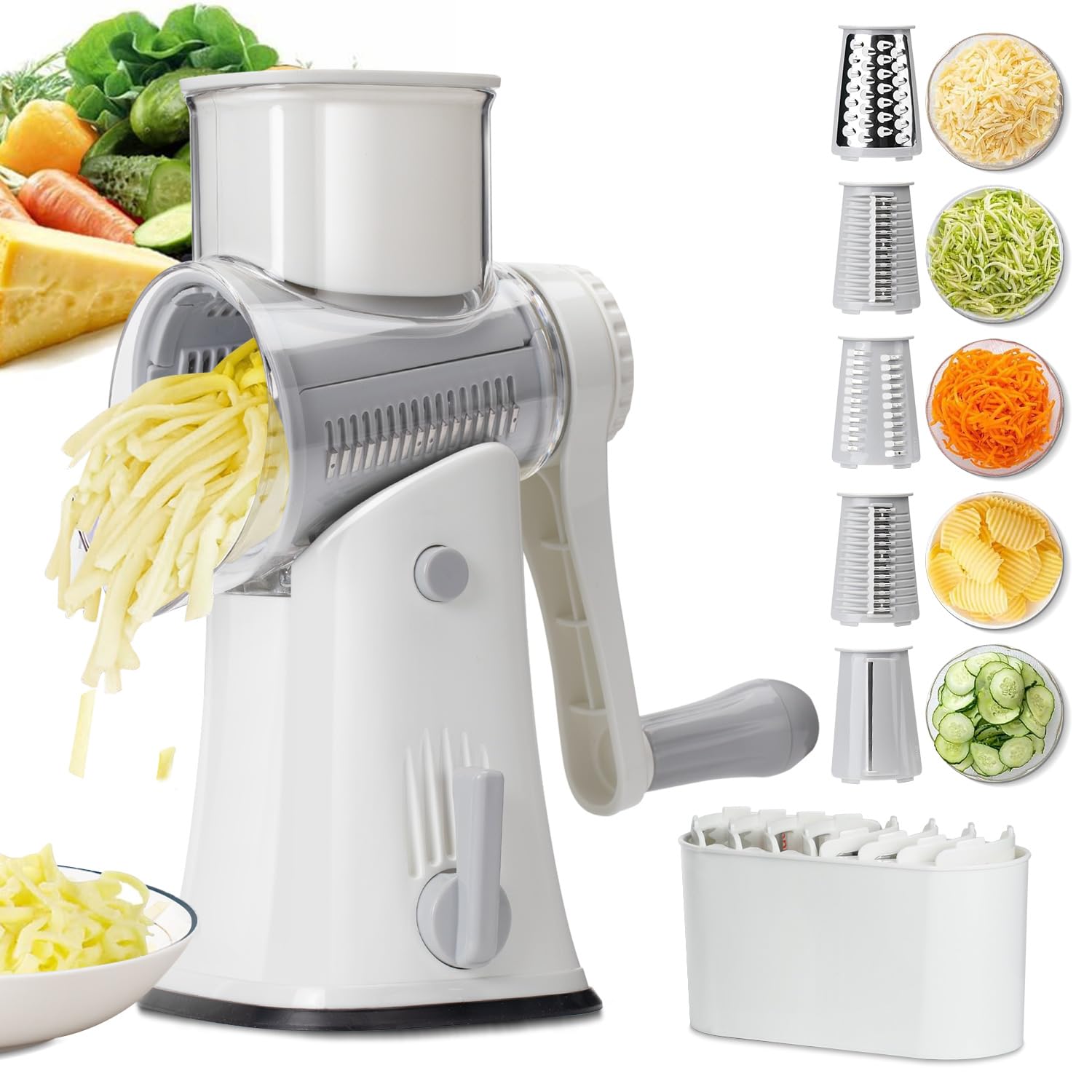 Rotary Cheese Grater Hand Crank,5 in2 Cheese Shredder,Cuts Cheese,Veggies,Fruits-Strong Suction Base-Cucumber Slicer,Cabbage Shredded,Multi-Functiona Vegetable Chopper,White