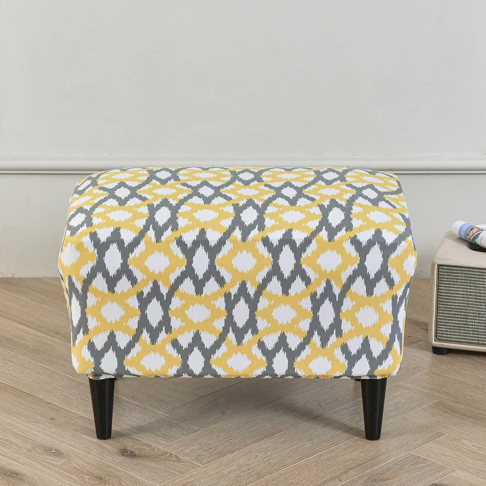 Highdi Ottoman Cover Rectangle Polyester Spandex, Stretch Footstool Slipcover,Stool Protector Cover with Elastic Bottom,Removable Washable Dustproof Footrest Pouffe Covers (yellow-gray,1pc)