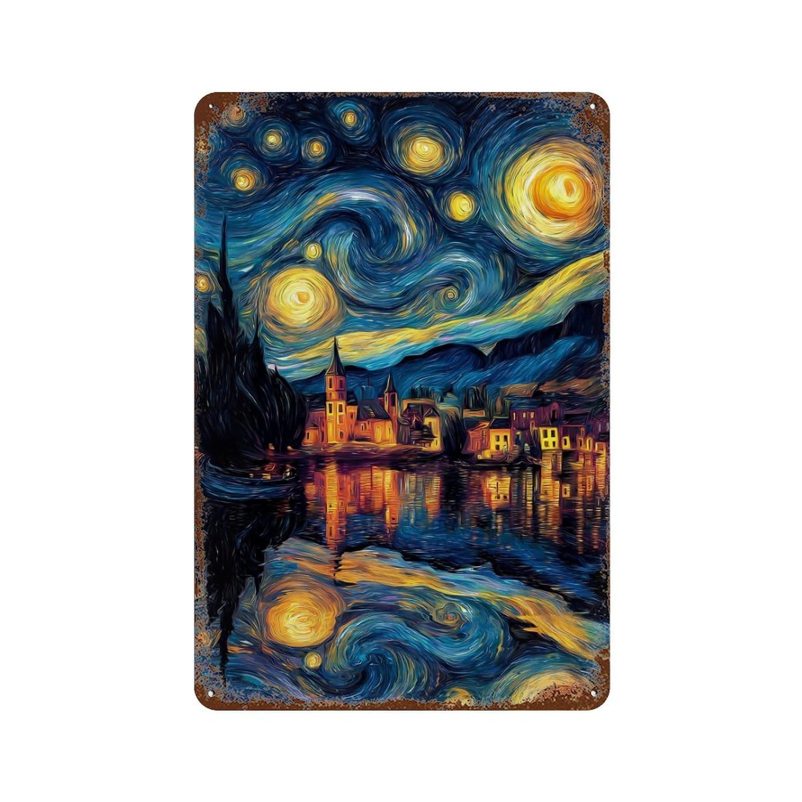 Distressed Metal Wall Sign with Starry Night Reflections -4 Design 11.8"x7.9", for Cafe, Home Bar And Lounge Decor, Retro Wall Decor