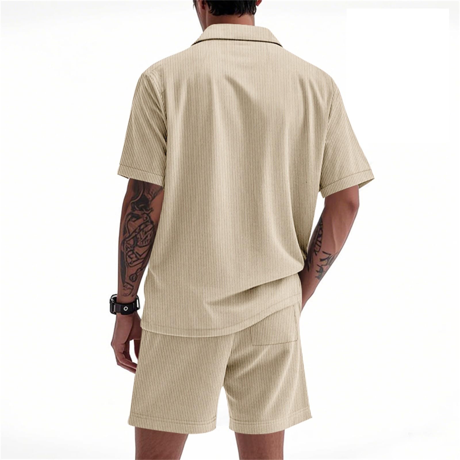 Herren Sommer Outfit Set Hemd Und Shorts Set 2 Teiliges Hemden mit 2 Taschen Kurze Hosen Elastischer Taille Leichte Sommeranzug Freizeitanzug Loose Fit Urlaub Strandanzug