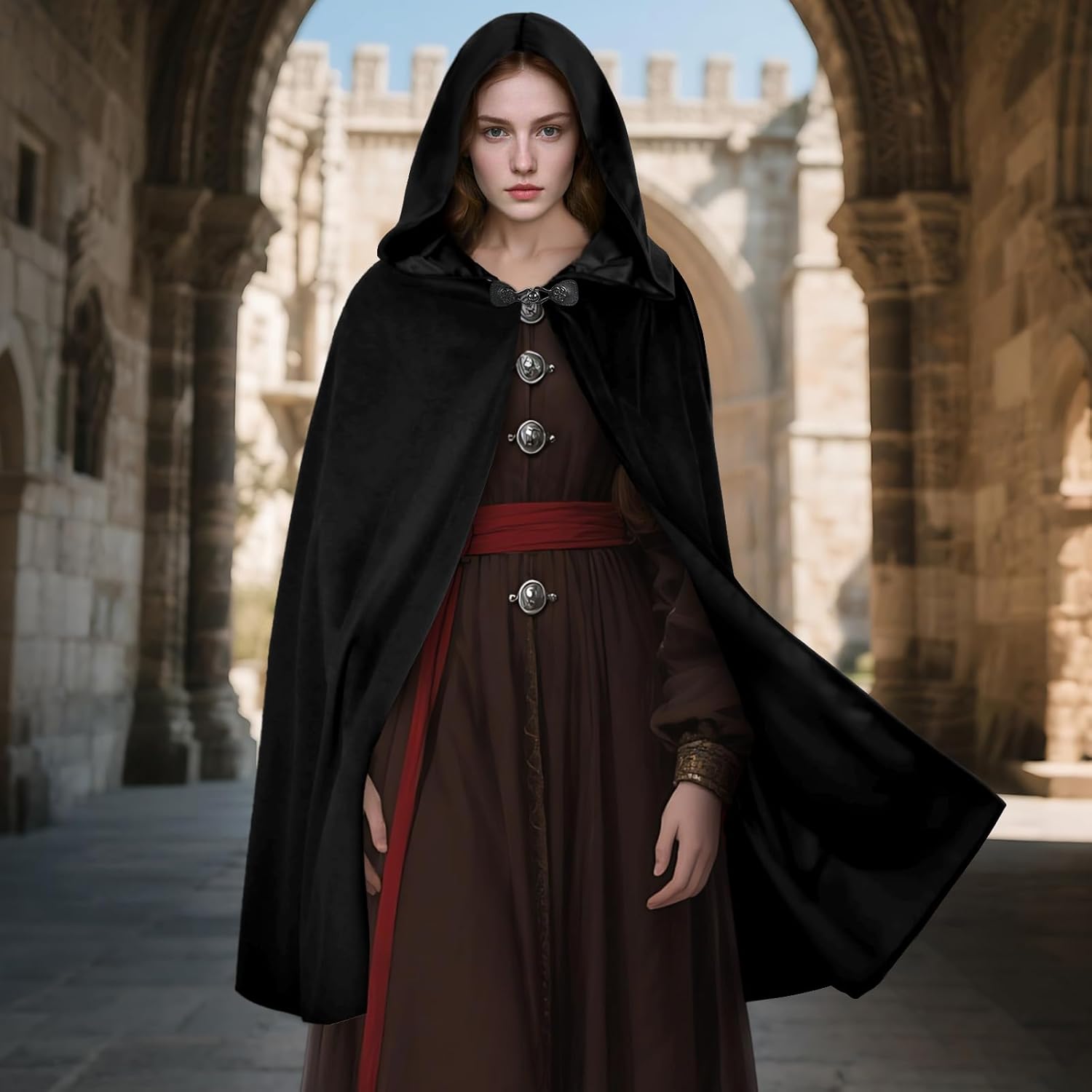 Medieval Velvet Cloak with Hood, Renaissance Hooded Cape Knight Wizard Costume Robe Men Women for Halloween Cosplay - Image 6