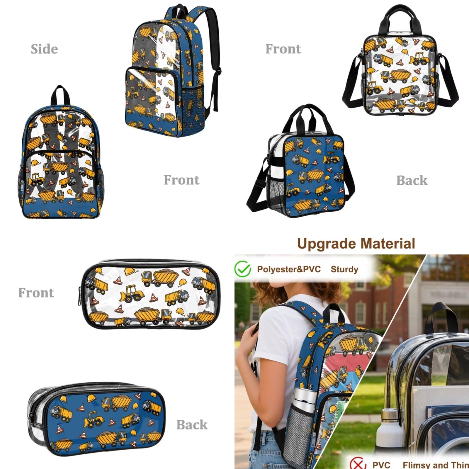 Zaino trasparente 3 in 1 per bambini, con portapranzo, approvato dallo stadio, 43 cm, trasparente, Veicolo da, M, Casual