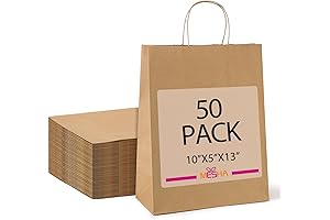 MESHA Extra Large Brown Paper Bags with Handles 50 Pack (10x5x13'') |...