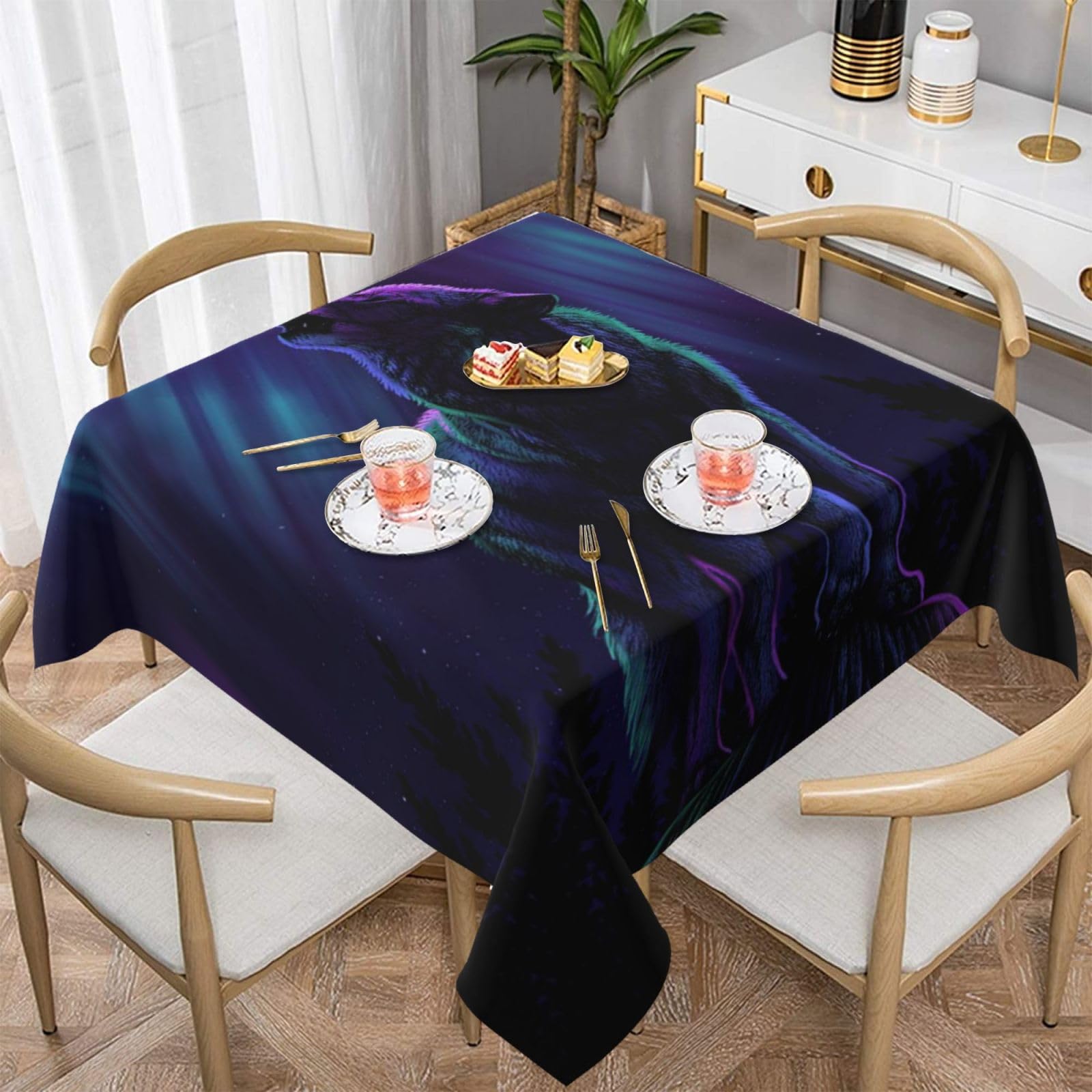 DCEHGEW Wolves Howl in the Northern Lights Prints Square Tablecloth 137x137 CM, Waterproof Fabric Table Cloth for Dining Table, Farmhouse Table Cover for Kitchen Dining Tabletop Decoration