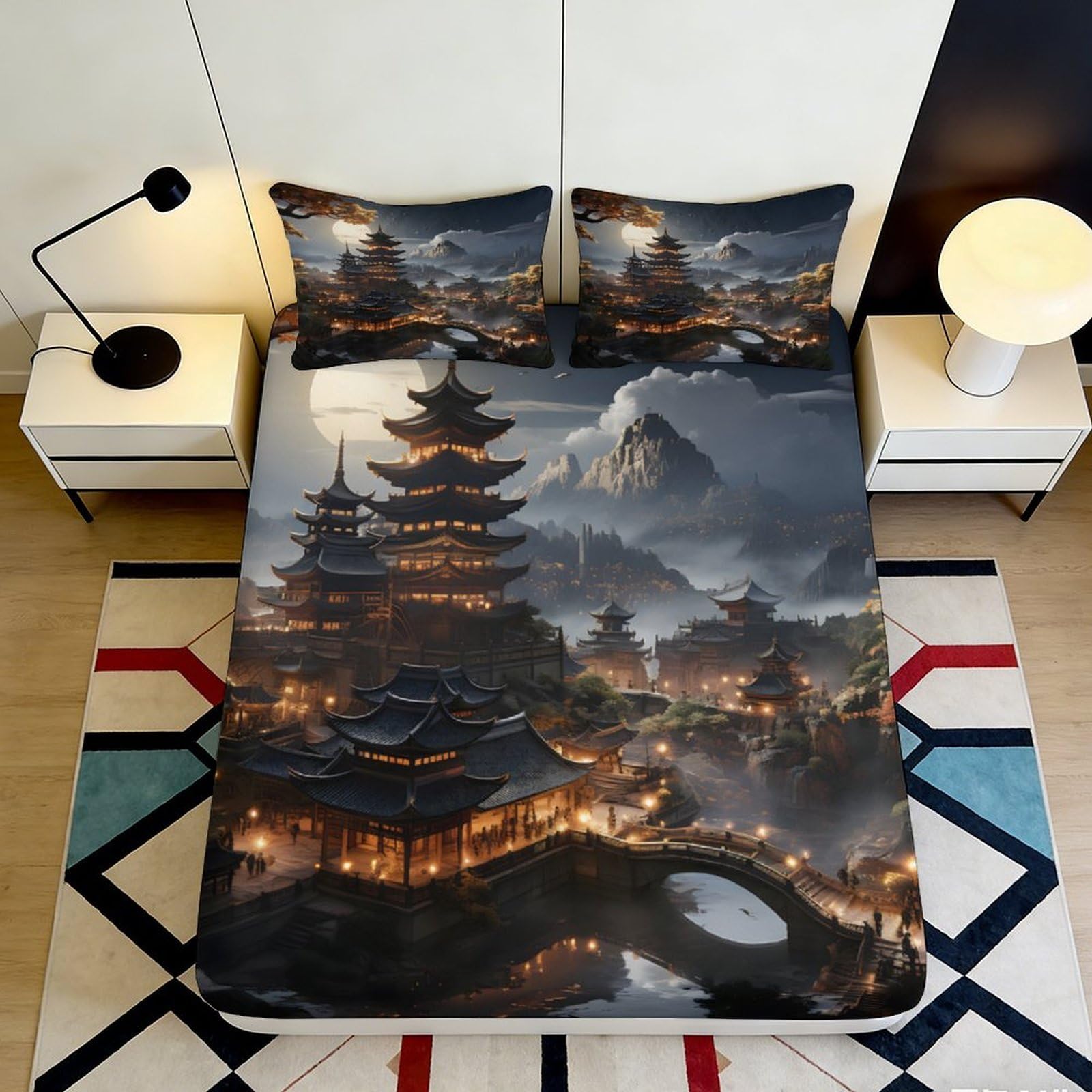 3D Printed Ancient Pagoda Fitted Sheet Microfiber Breathable Oriental Landscape Mattress Cover for Bedroom Decor 120x200x25cm