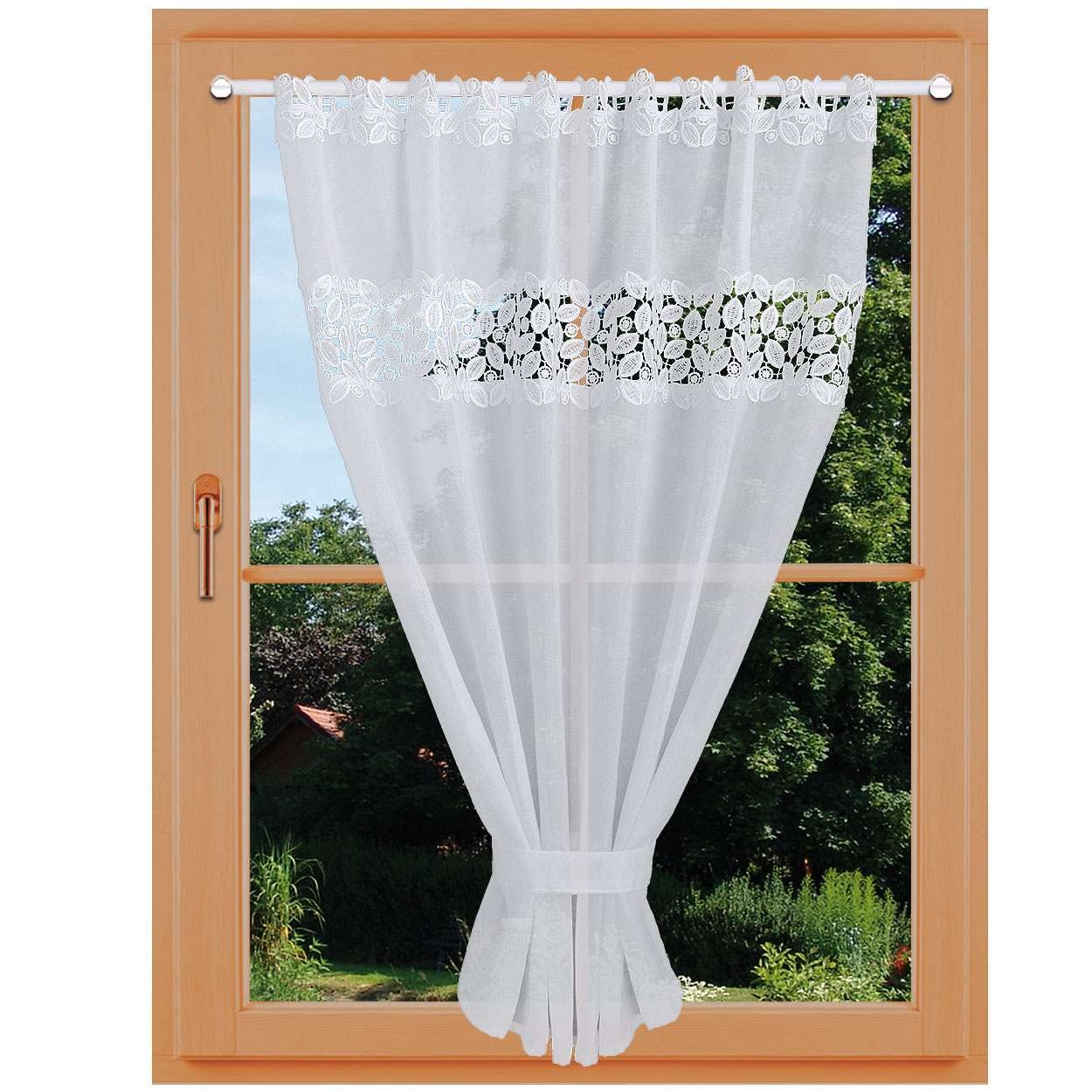 Scheibenhänger Carmelita Vogtländische Spitze mit Raffhalter | modern geraffter Sockelstore weiß Blätterdesign | Flächengardine handgefertigt | Kurzgardine Sockelstore Höhe x Breite 120 x 90 cm