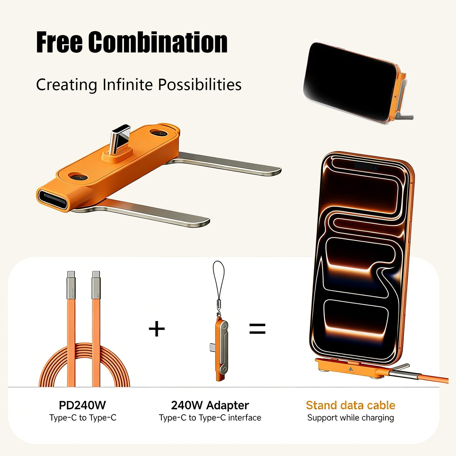 SIDEWAY Phone Charger 240W Silicone Cable with Detachable Stand - Universal Type-C, 90° Angle, 480Mbps Data Transfer Speed(orange) — view 2