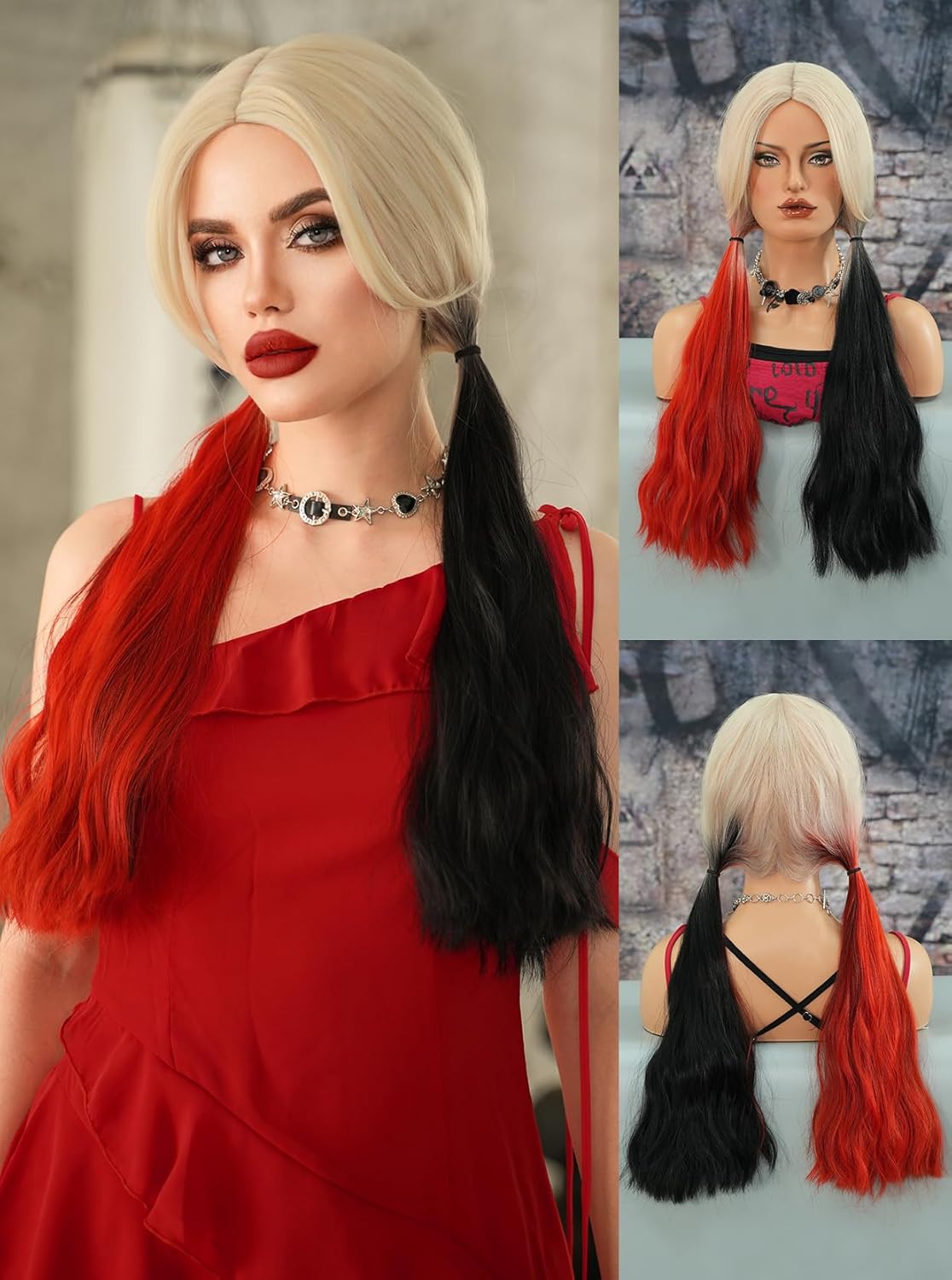 PARK YUN Long Half Red Half Black Double Ponytails Cosplay Wigs 26 Inch Blonde Ombre Wig with Middle Part Hair Tail Dye Wig Synthetic Heat Resistant Wigs for Women Halloween Used. 26 Inch black red ombre