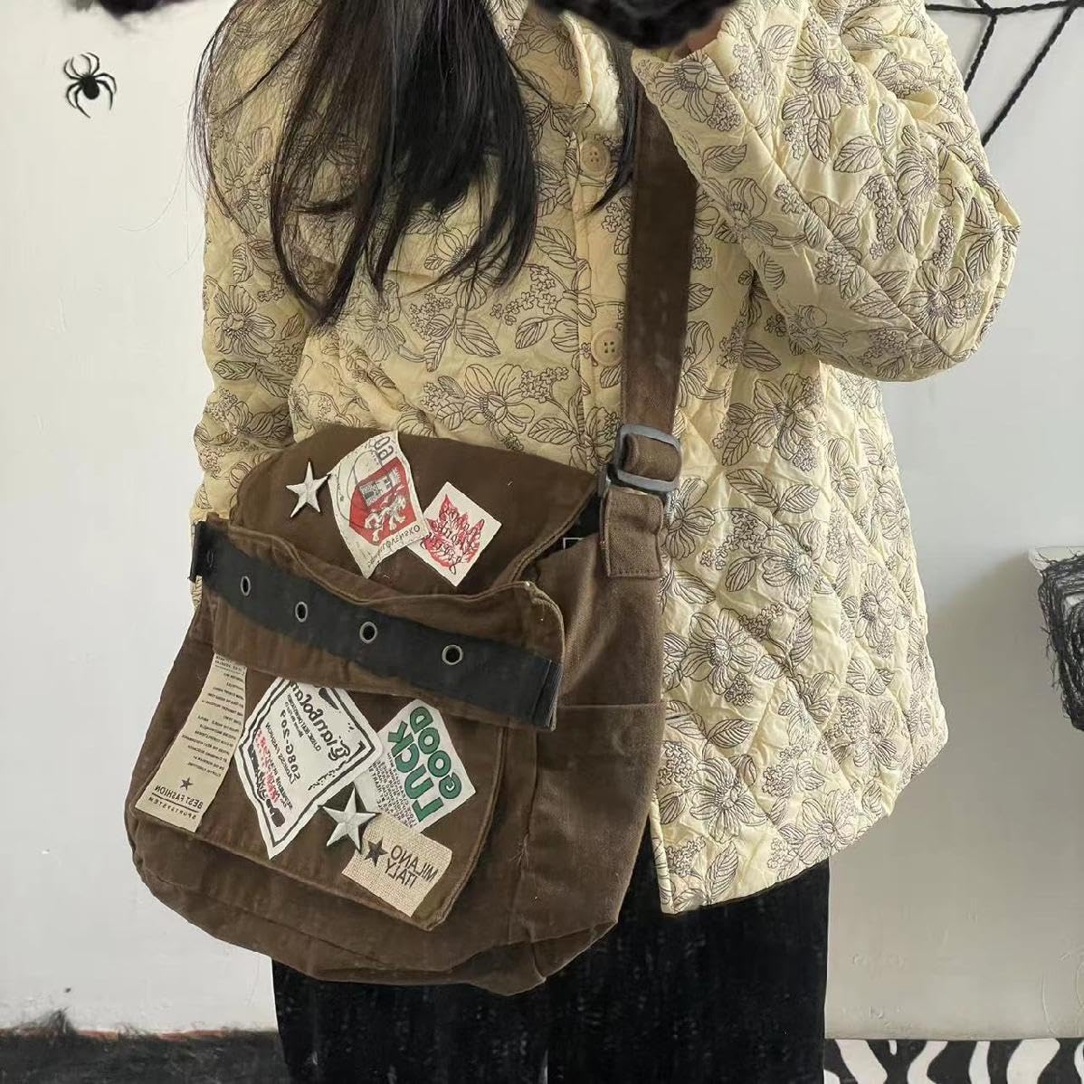 Bandolera de lona para mujer, estilo vintage, con parche de estrella, estilo grunge, bolsa de hombro