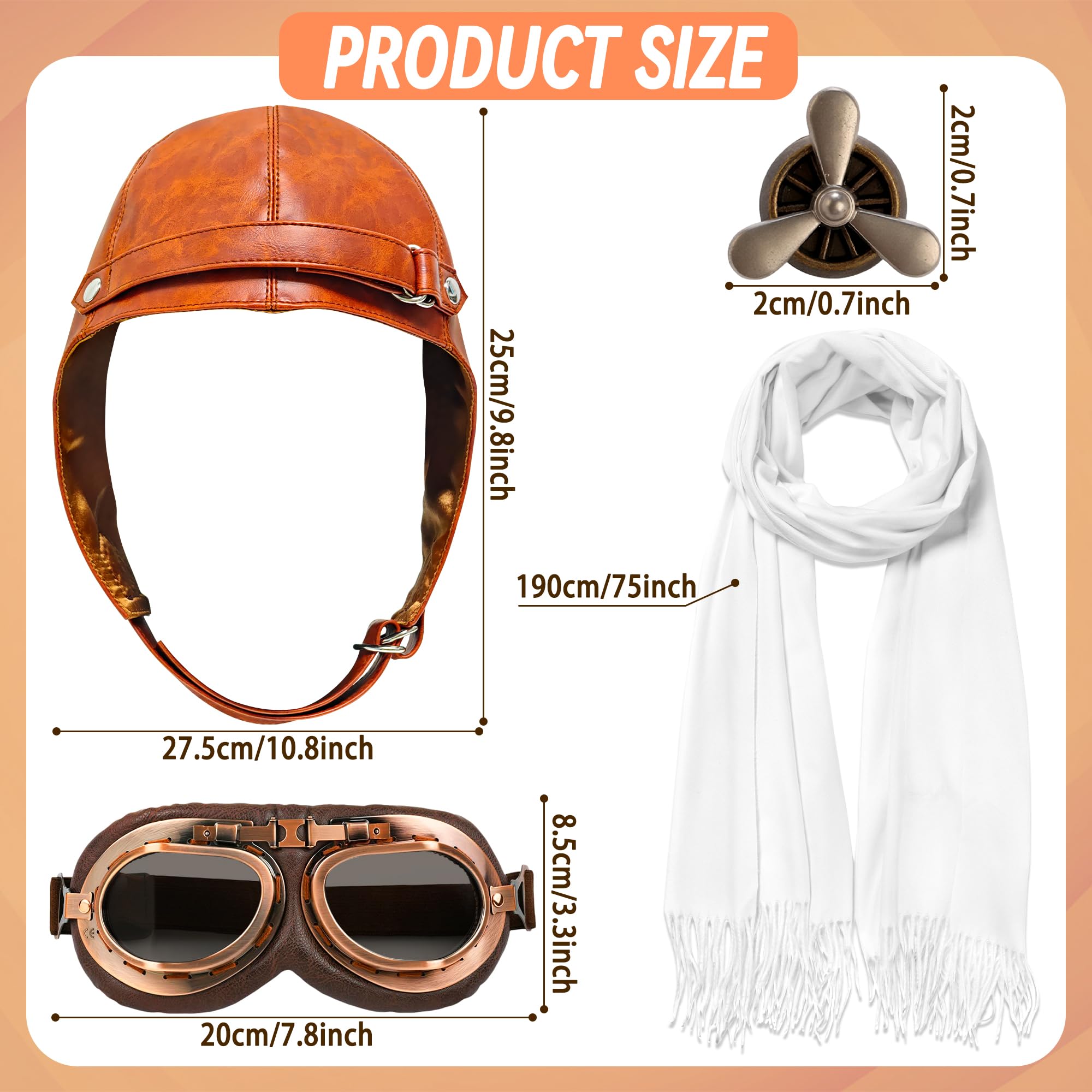 Horolam 4 PCS Aviator Costume Accessories, Aviator Hat With Goggles Pilot Cap White Scarf Brooch for Men Women - Image 2