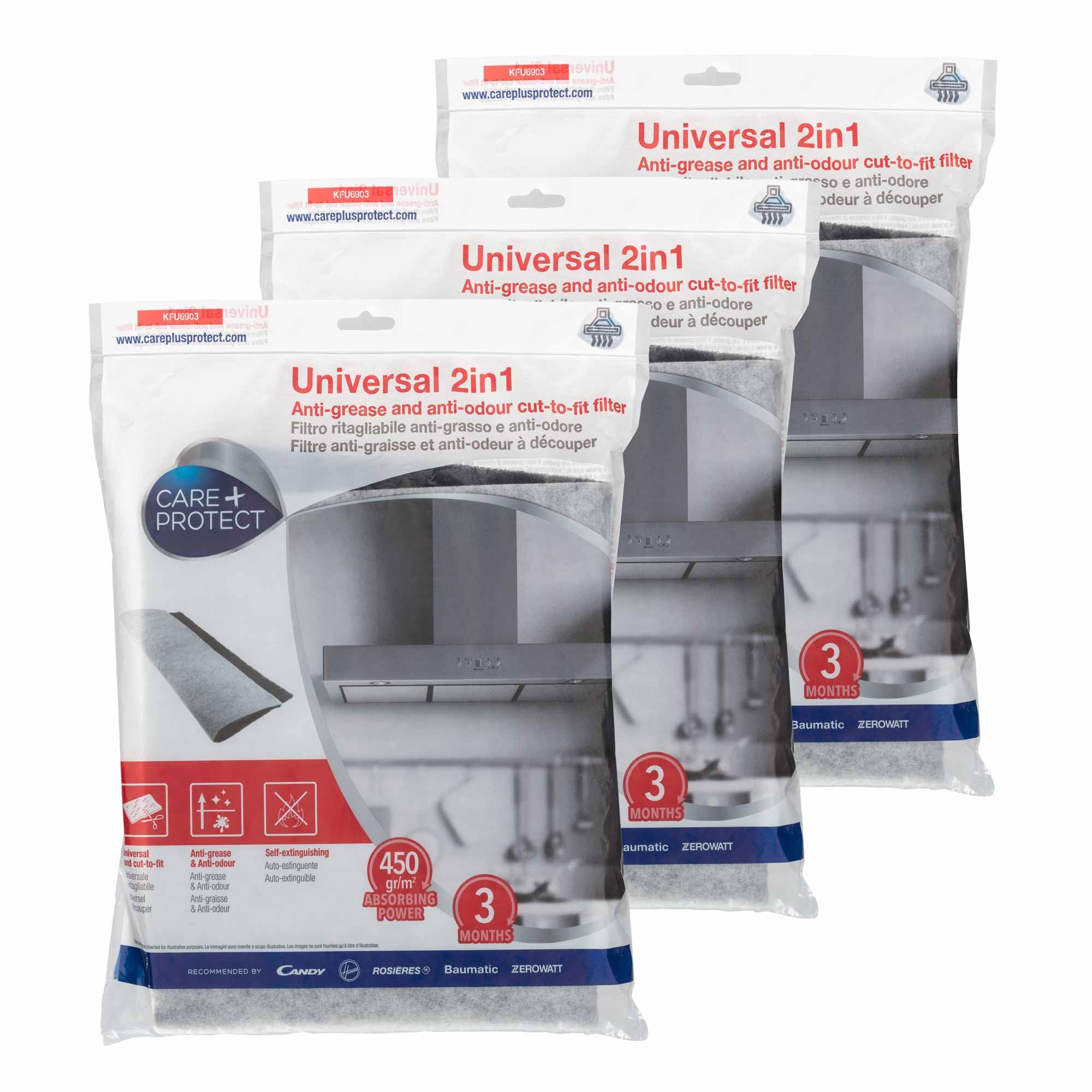 Care+Protect 2 in 1 Anti-Grease and Anti-Odour Filter for Hoods - Universal - Cut-to-Fit - High Absorption Power x3